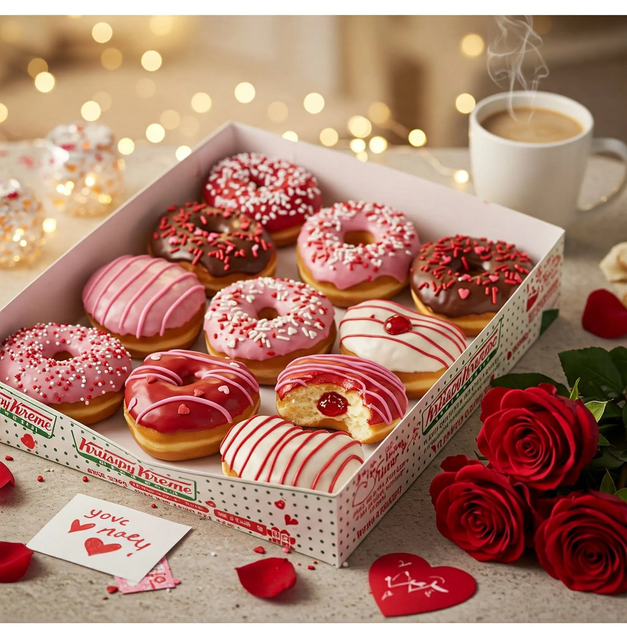 Krispy Kreme Valentine Donuts A box of heart-shaped Krispy Kreme Valentine donuts with festive toppings, surrounded by roses, a cup of coffee, and a love note.