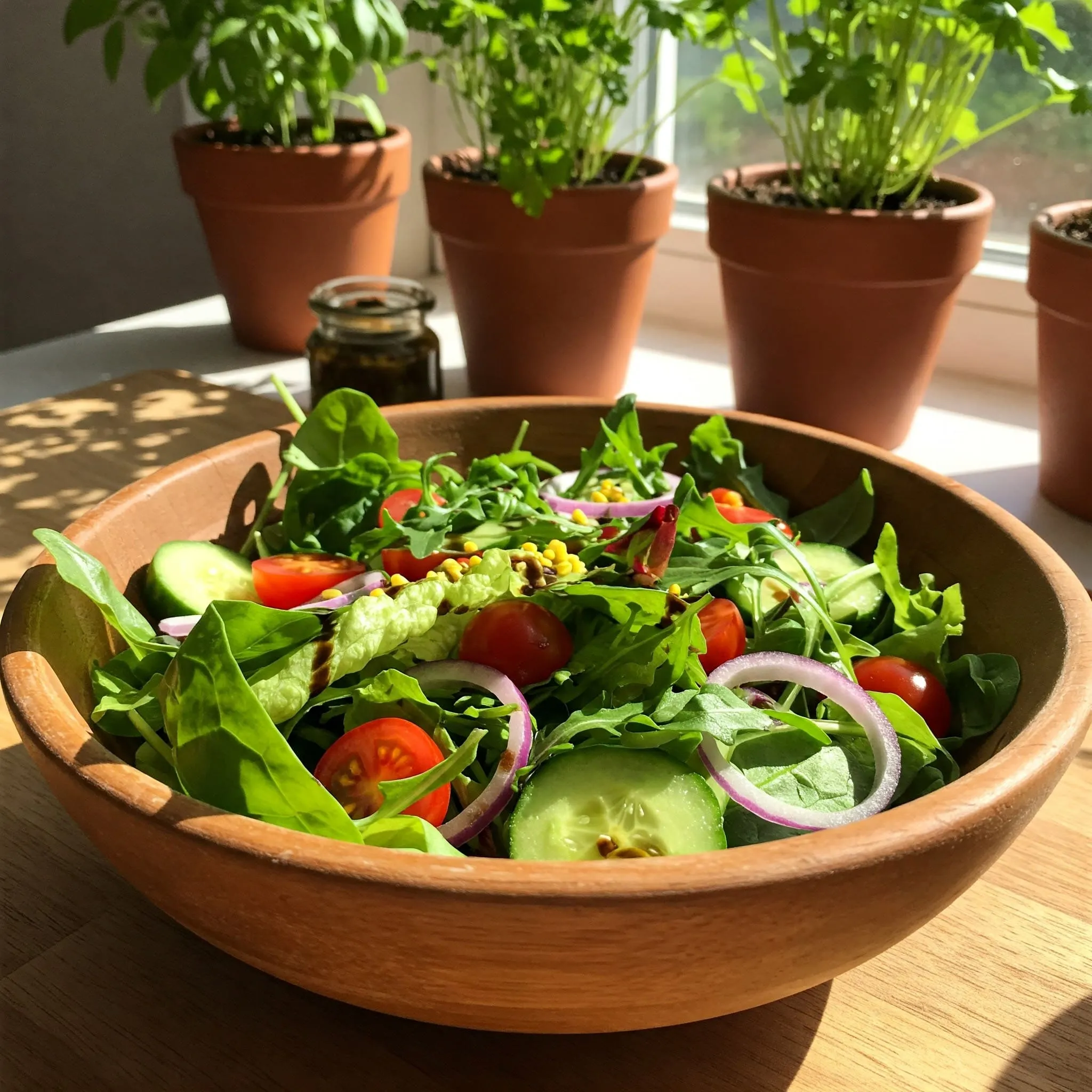 Fresh mesclun mix salad with arugula, spinach, mustard greens, lettuce, cucumbers, cherry tomatoes, and a drizzle of balsamic vinaigrette.