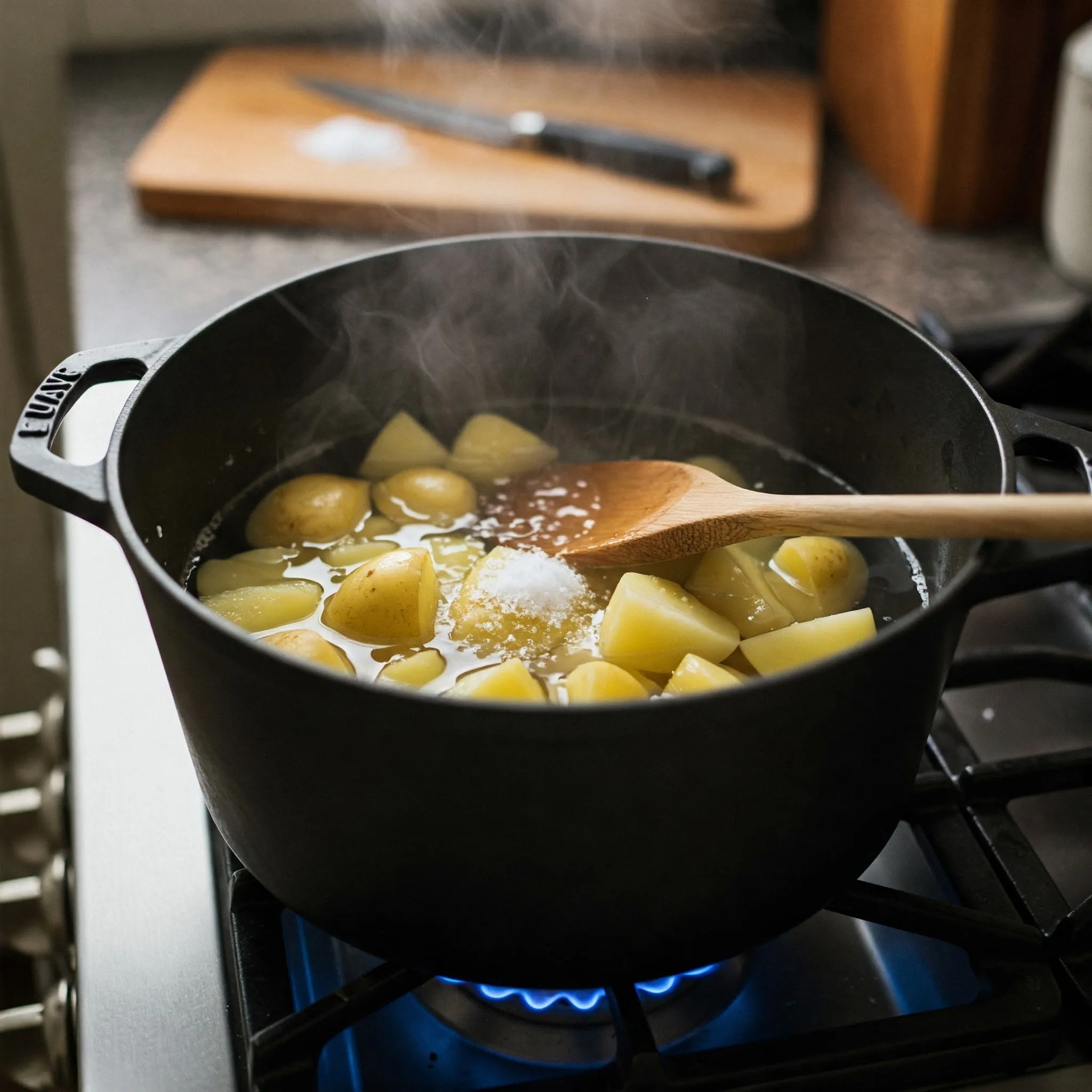  A pot of potatoes boiling on the stove, surrounded by kitchen essentials.