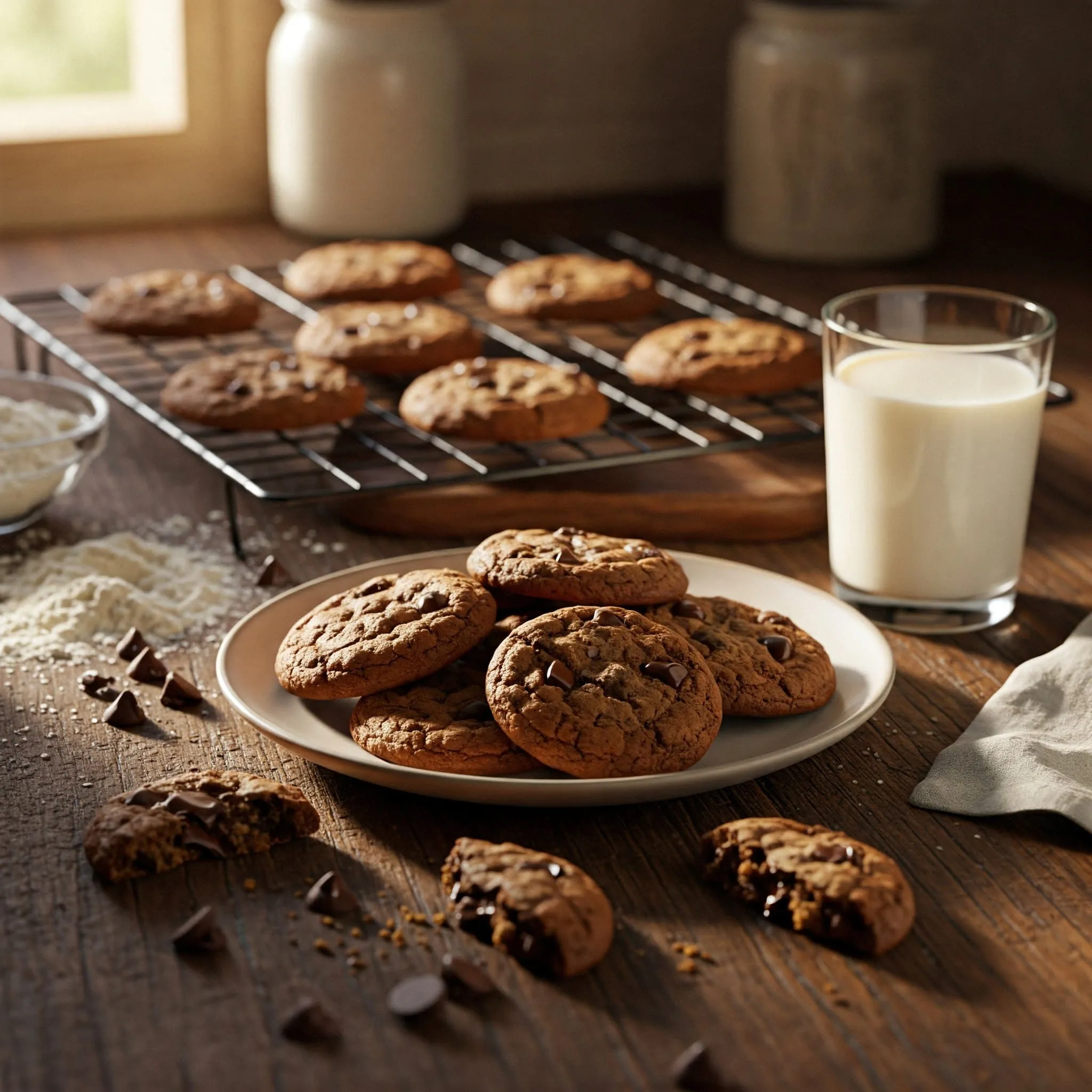 A plate of freshly baked chocolate chip cookies with gooey chocolate inside, sitting on a wooden table in a cozy kitchen setting.