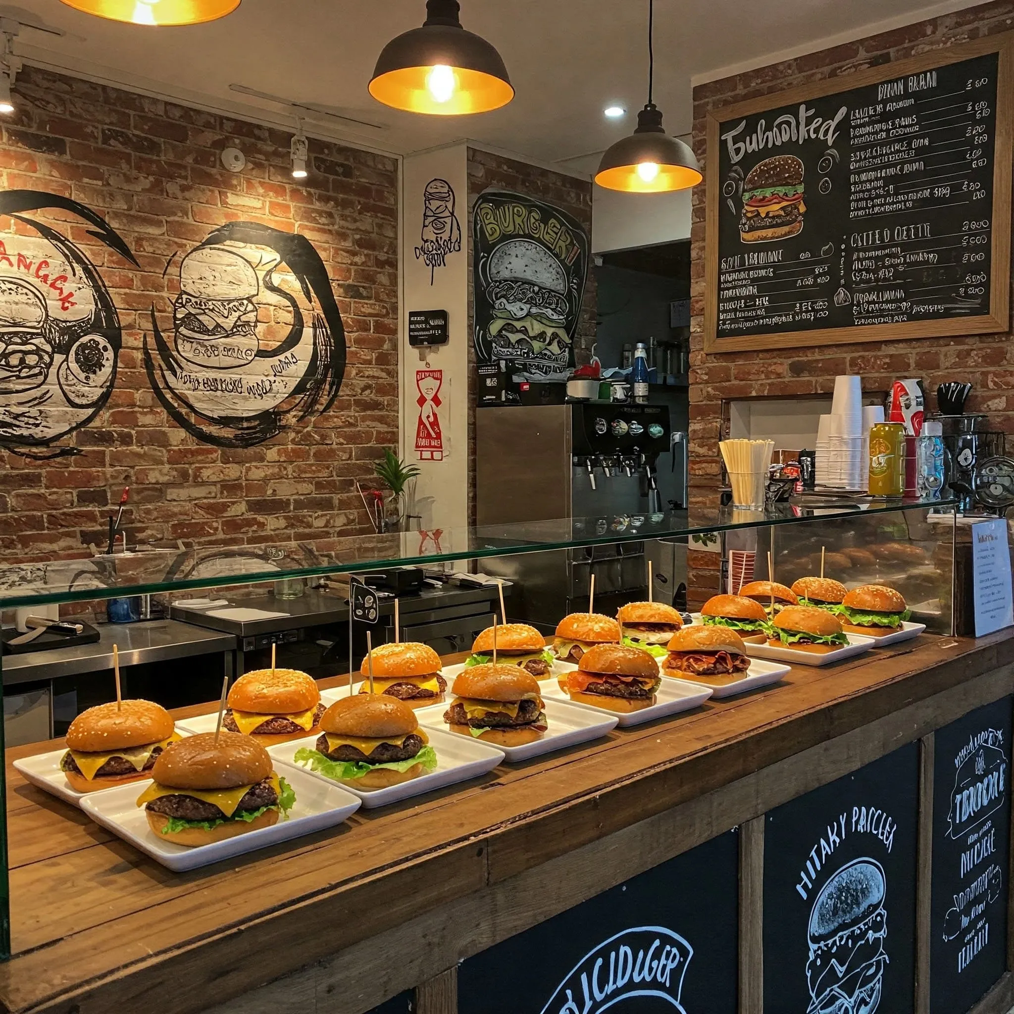 Cozy local burger joint with a counter displaying gourmet burgers, artisanal buns, fresh vegetables, and unique toppings in a warm, inviting setting.