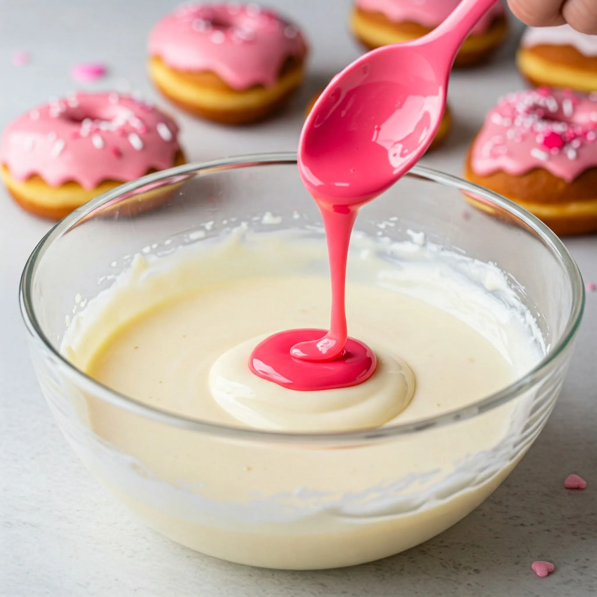 A bowl of pink glaze being prepared for Valentine’s Day donuts with powdered sugar, milk, and food coloring.