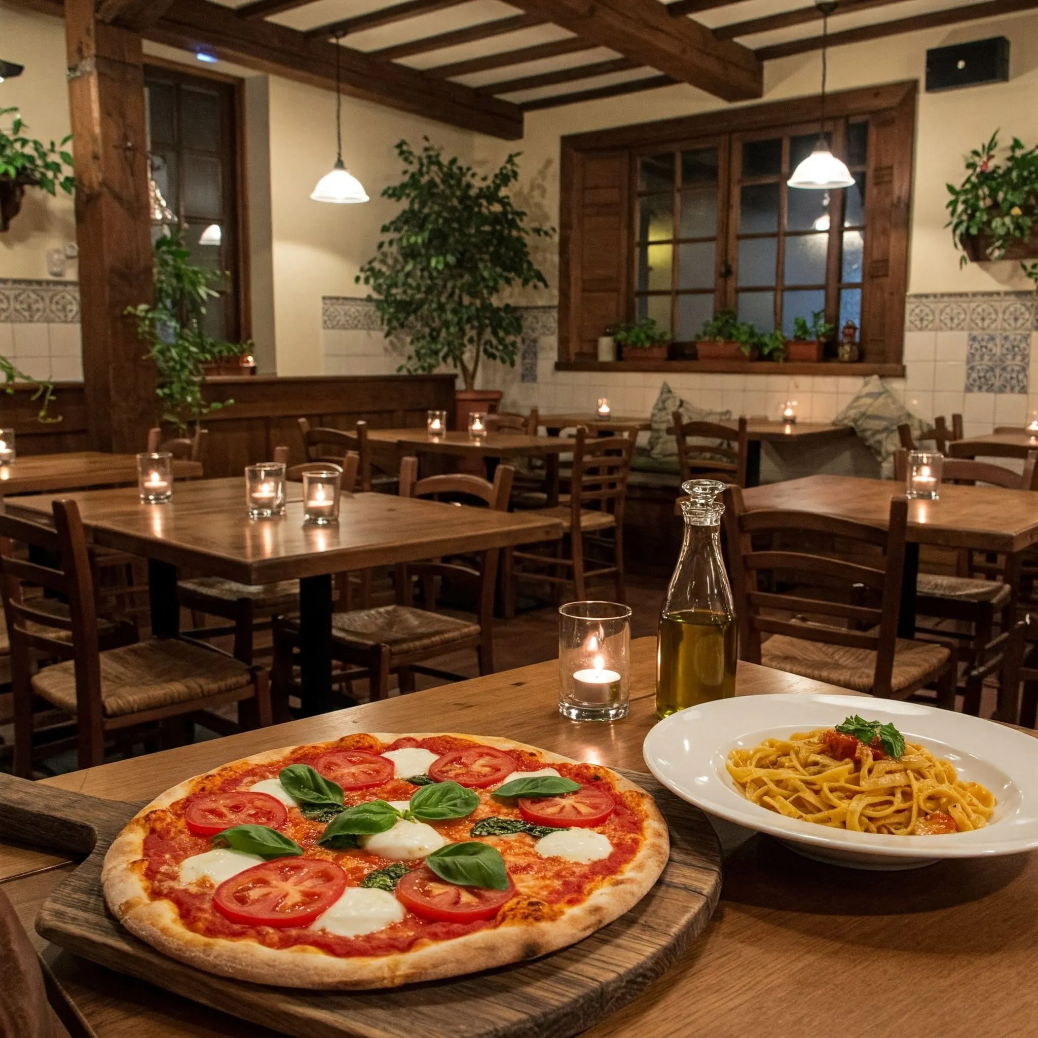 Restaurant Italien Near Me : Cozy and authentic Italian restaurant interior with pizza, pasta, and candles on wooden tables.