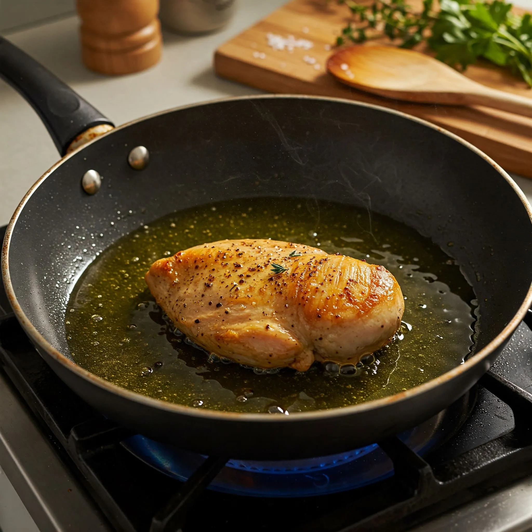 Golden-brown chicken breast cooking in a skillet with olive oil, seasoned with salt and pepper.nn