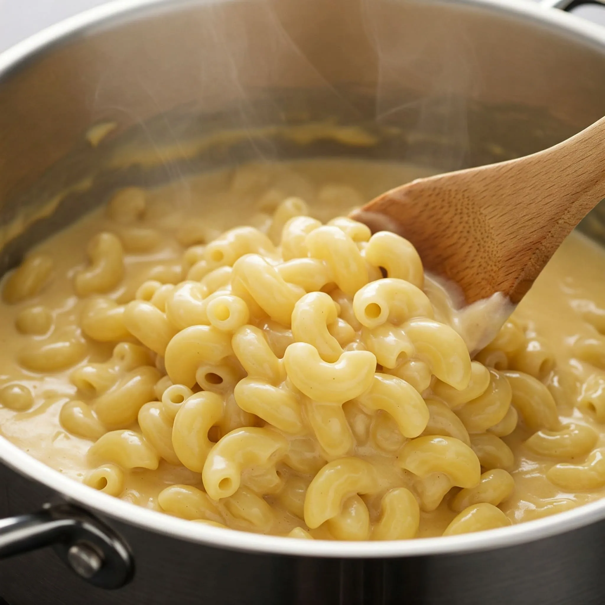 Stirring cooked elbow macaroni into creamy cheese sauce to create mac and cheese.