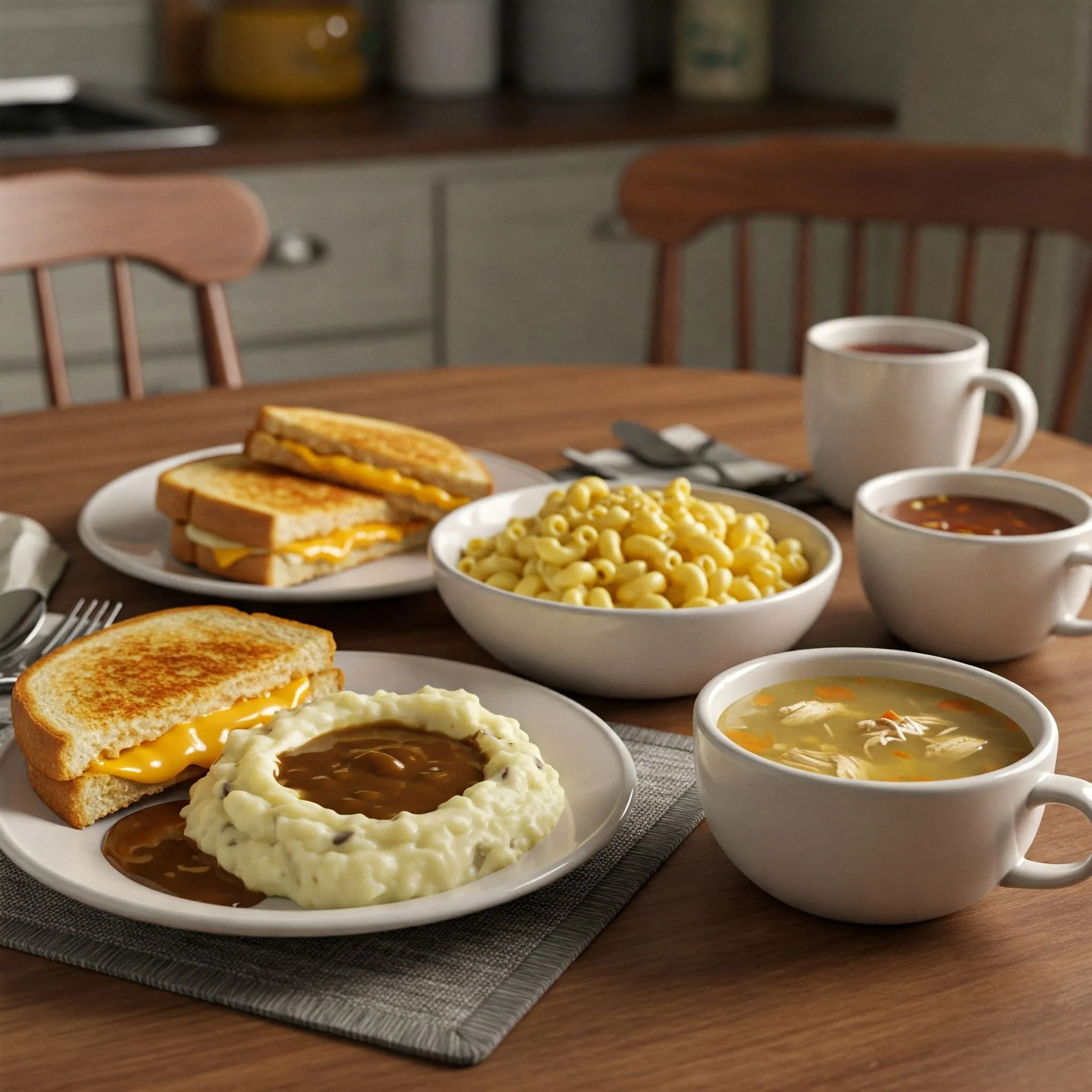 A cozy kitchen table with comfort foods like mac and cheese, grilled cheese, mashed potatoes with gravy, and chicken soup, creating a warm, homely atmosphere.

