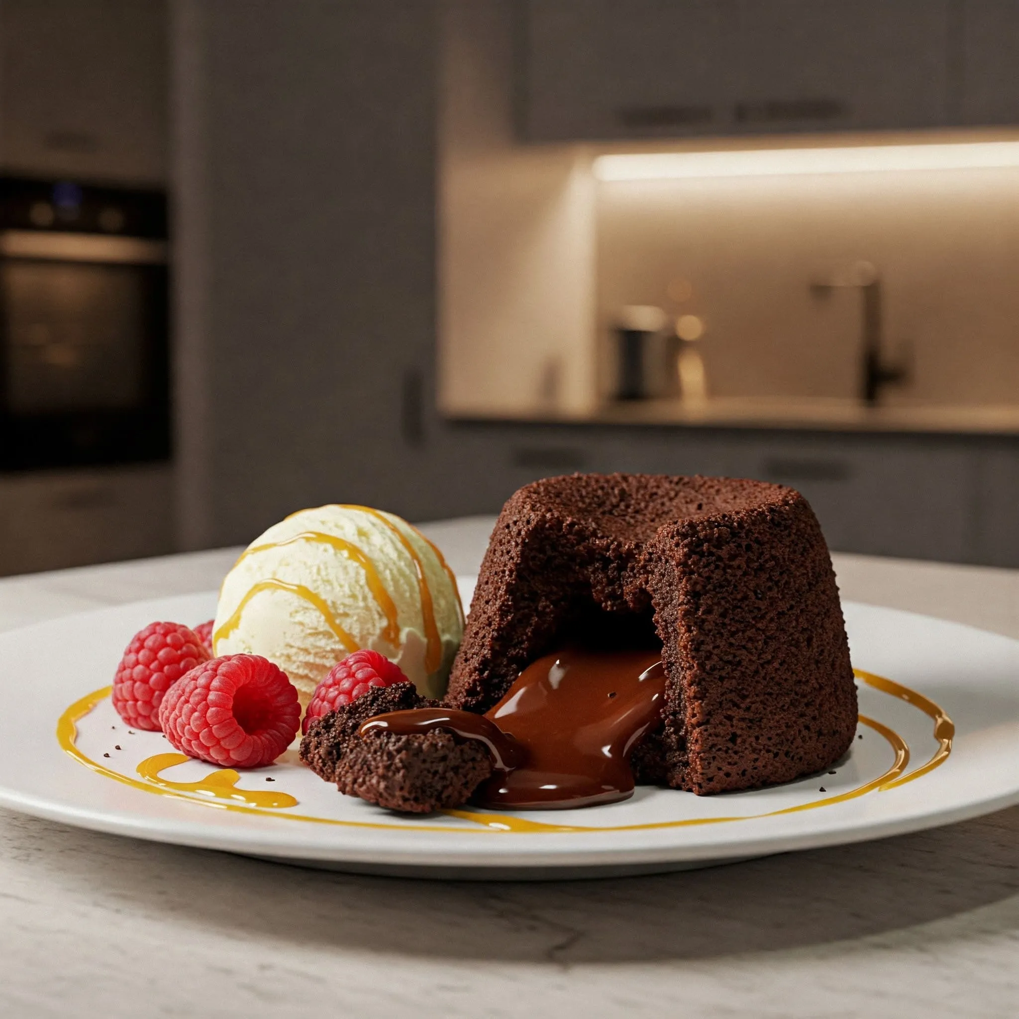 Molten lava cake with warm, oozing chocolate center, served with vanilla ice cream, fresh raspberries, and caramel drizzle.