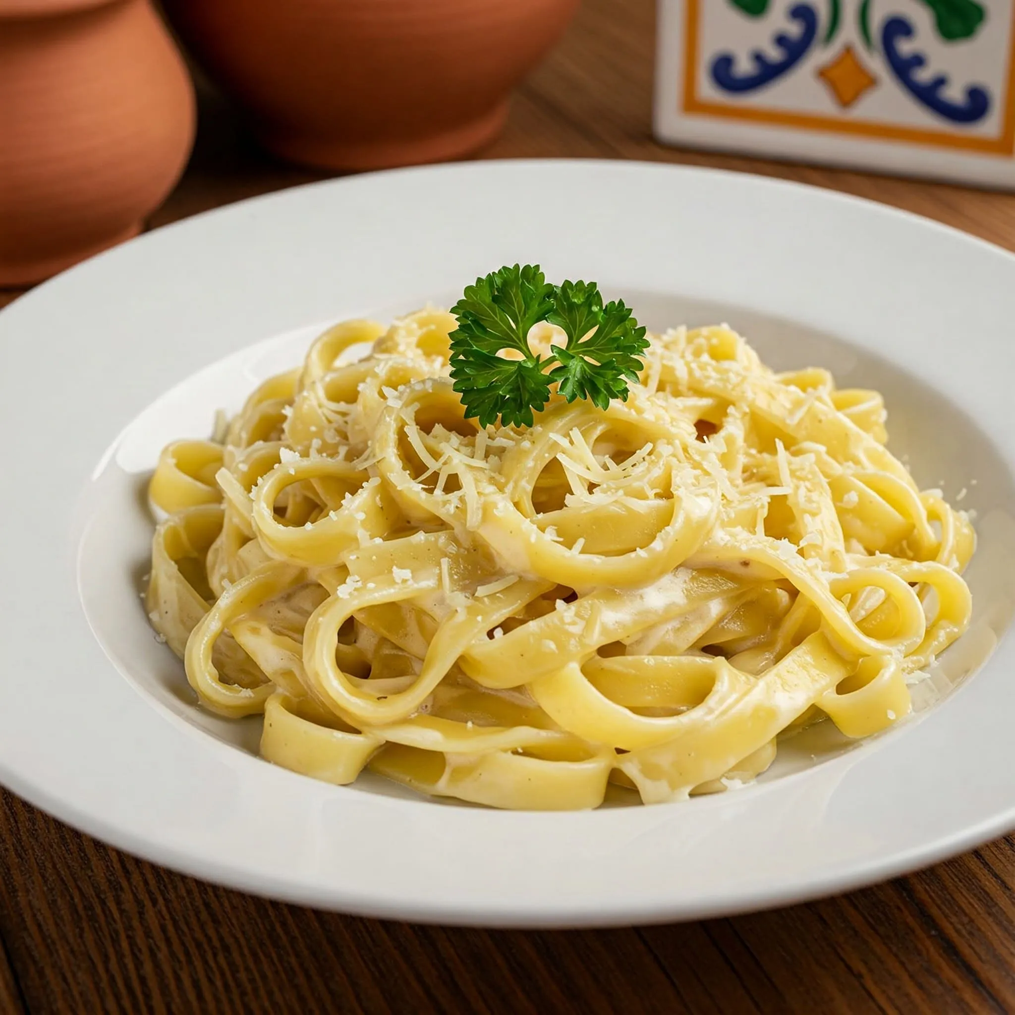 Creamy Fettuccine Alfredo with Parmesan and parsley served on a rustic wooden table.

