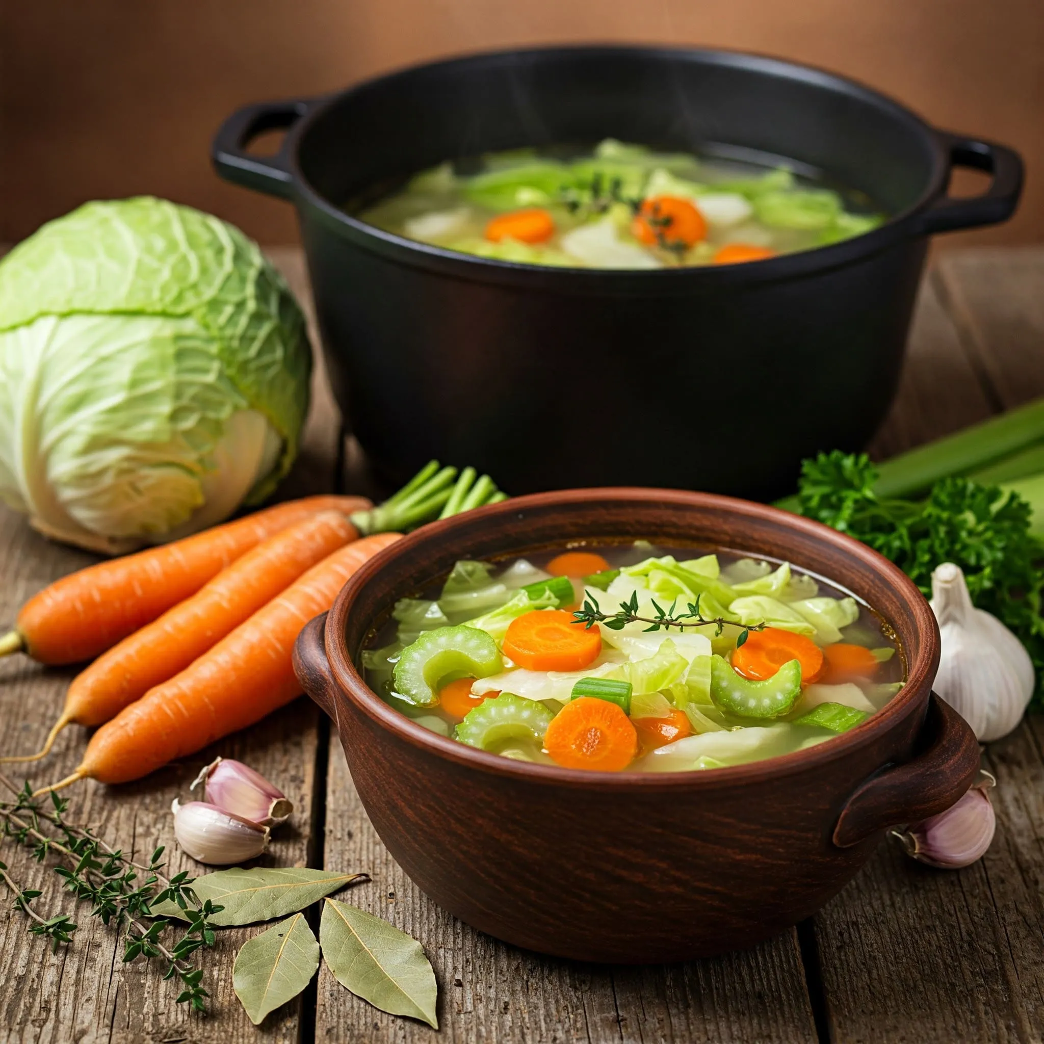 A hearty bowl of cabbage soup surrounded by fresh vegetables, herbs, and ingredients, showcasing its versatility for different diets.