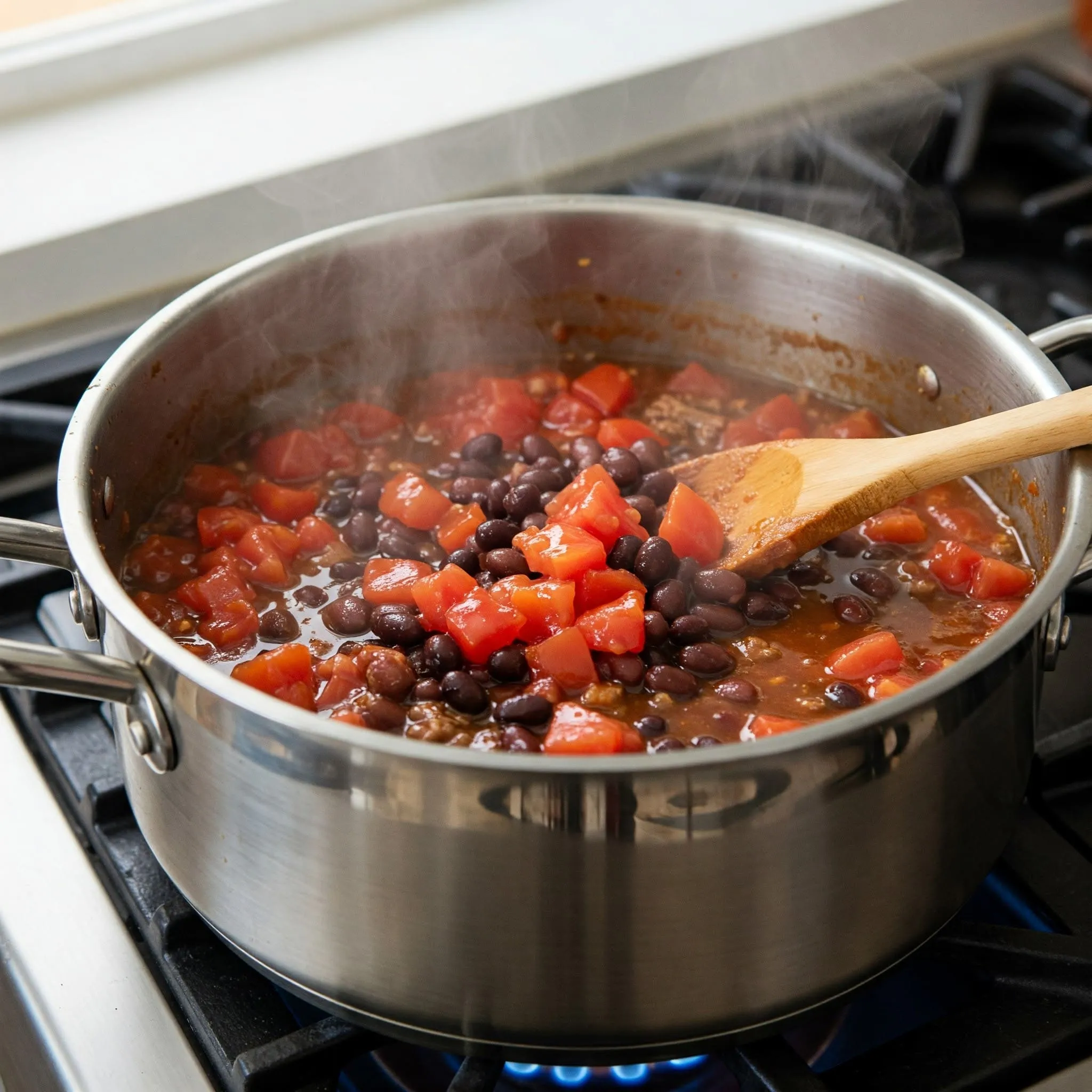 A large pot of simmering chili with diced tomatoes, kidney beans, black beans, and beef broth on the stove.