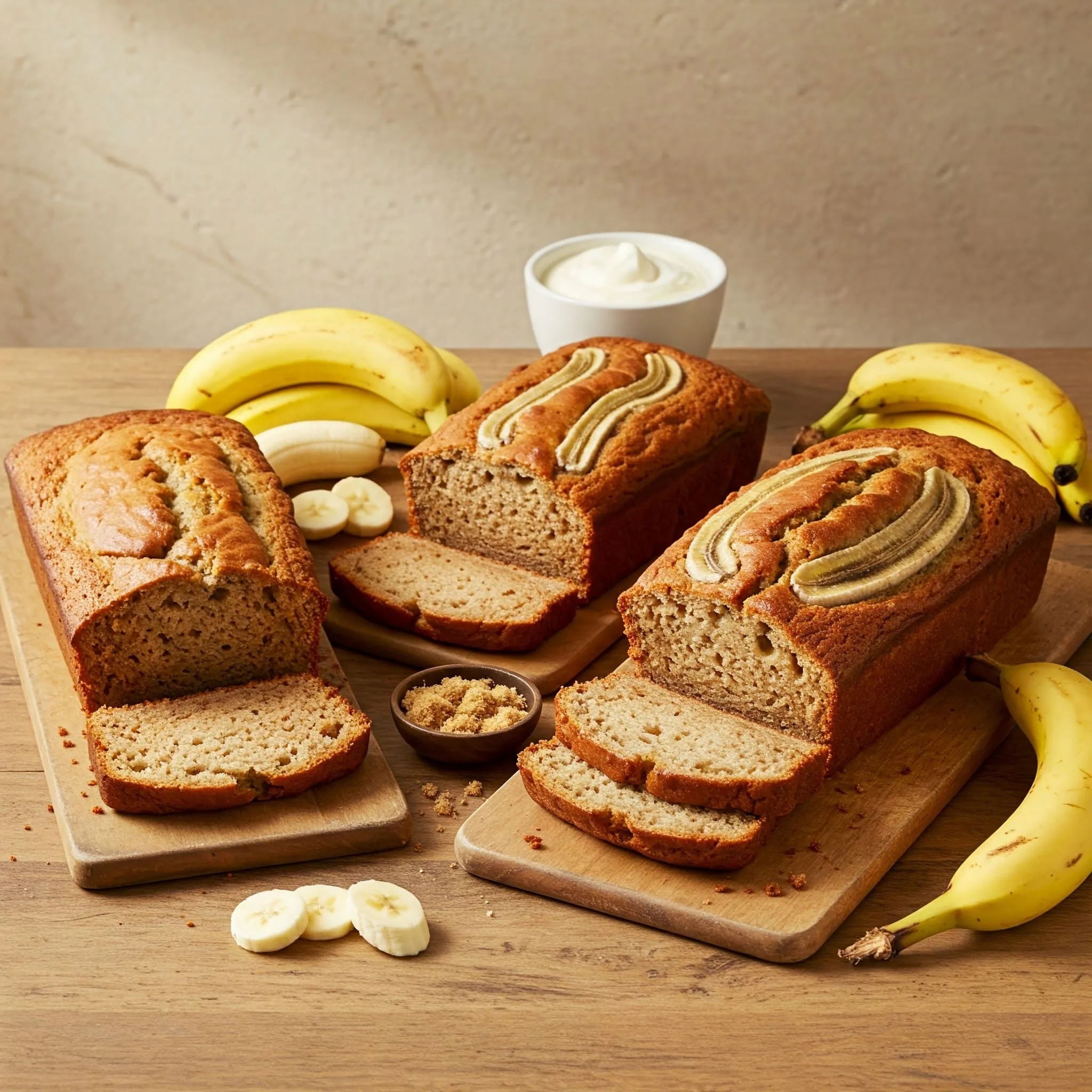 A variety of banana bread and loaf recipes displayed on a kitchen countertop, showcasing different textures and ingredients.