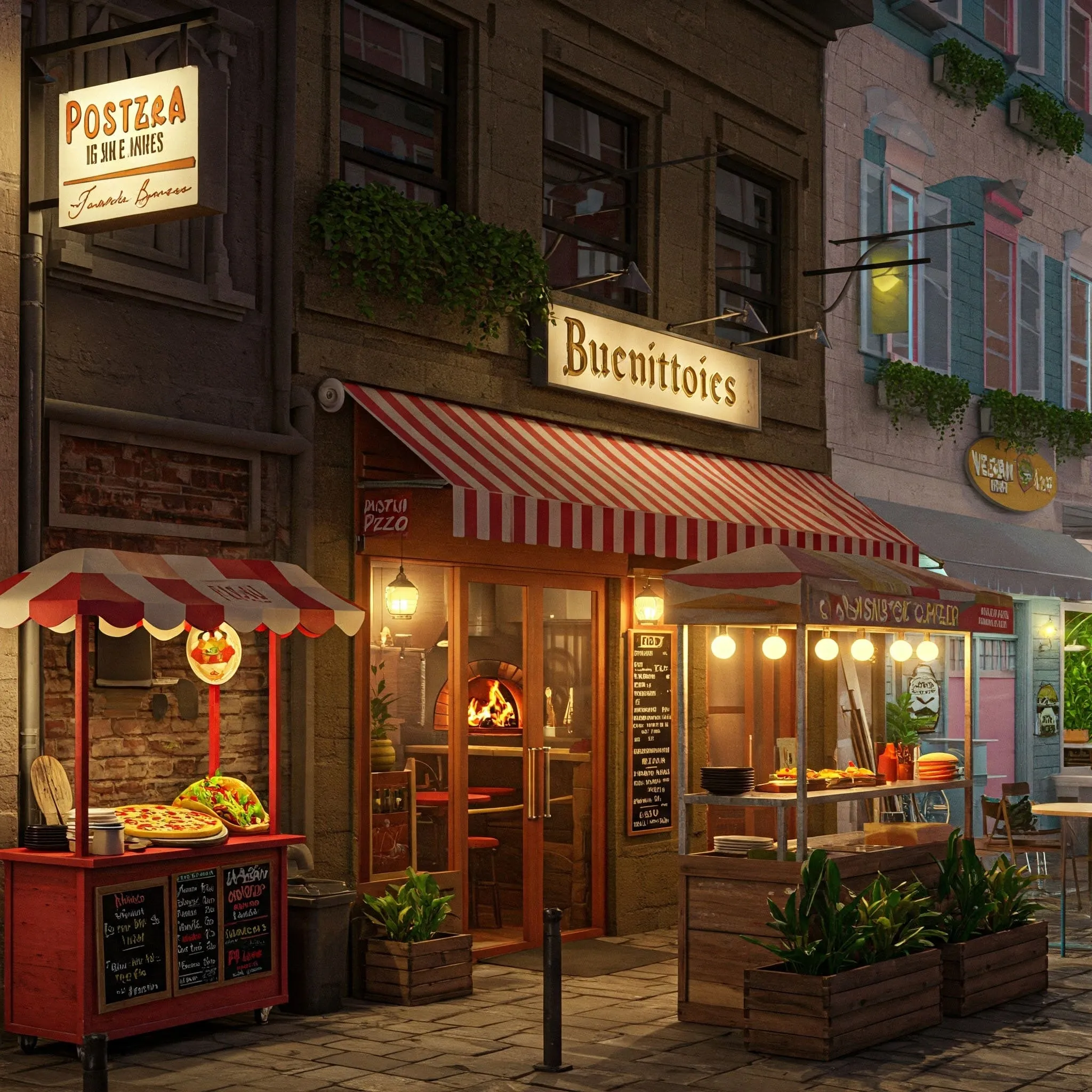 A Diverse Culinary Experience: Restaurants Offering Italian, Mexican, Asian, and Vegan Cuisines A bustling street with restaurants offering Italian pizza, Mexican tacos, Asian sushi, and vegan dishes in a vibrant neighborhood.