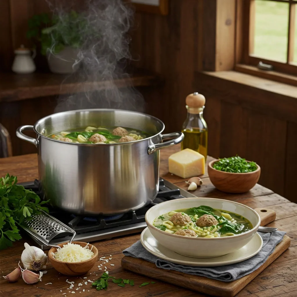 A cozy kitchen with a pot of Italian Wedding Soup, featuring meatballs, spinach, and pasta in a rich broth, surrounded by fresh ingredients.