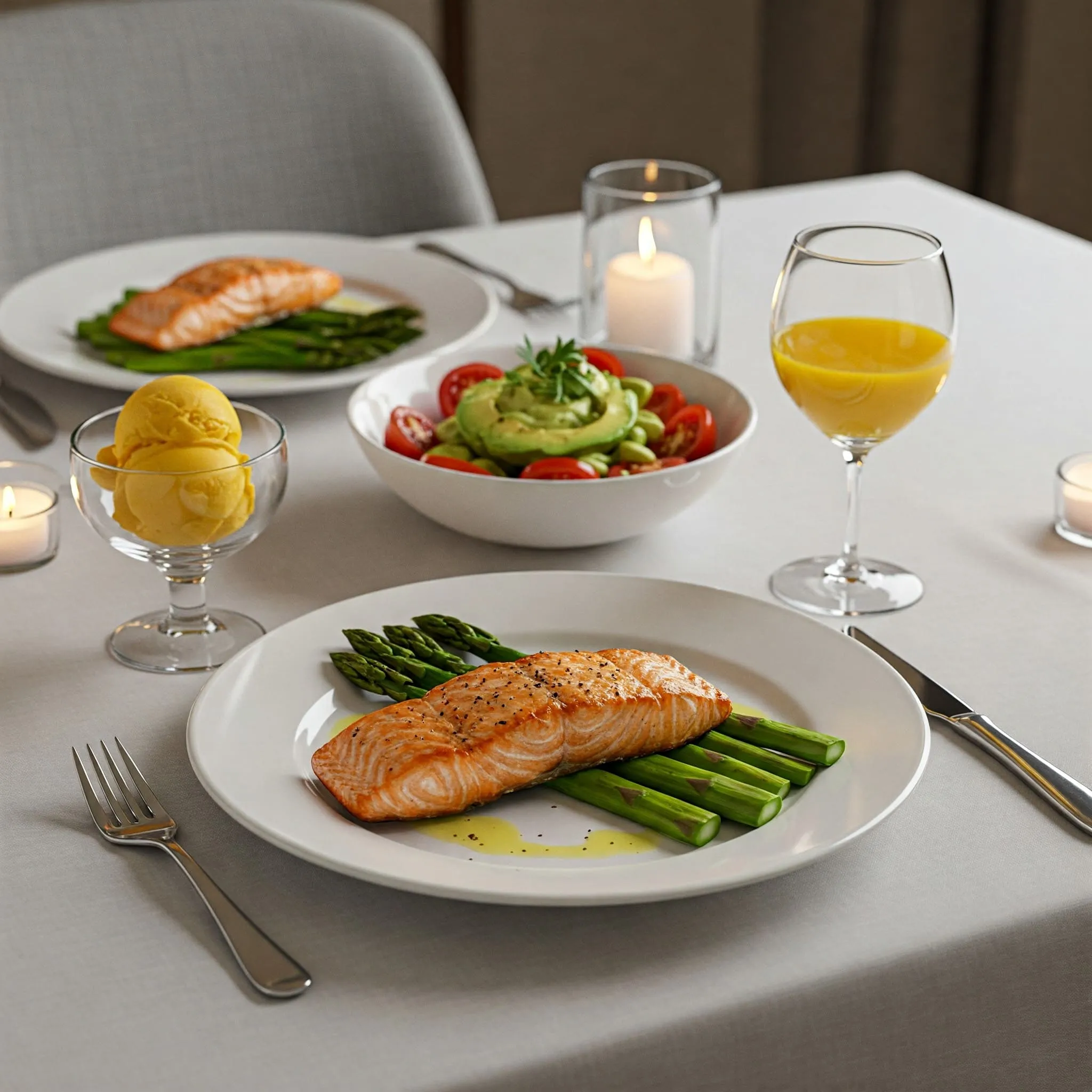 Healthy romantic dinner for two featuring grilled salmon with asparagus, avocado and tomato salad, and fruit sorbet.