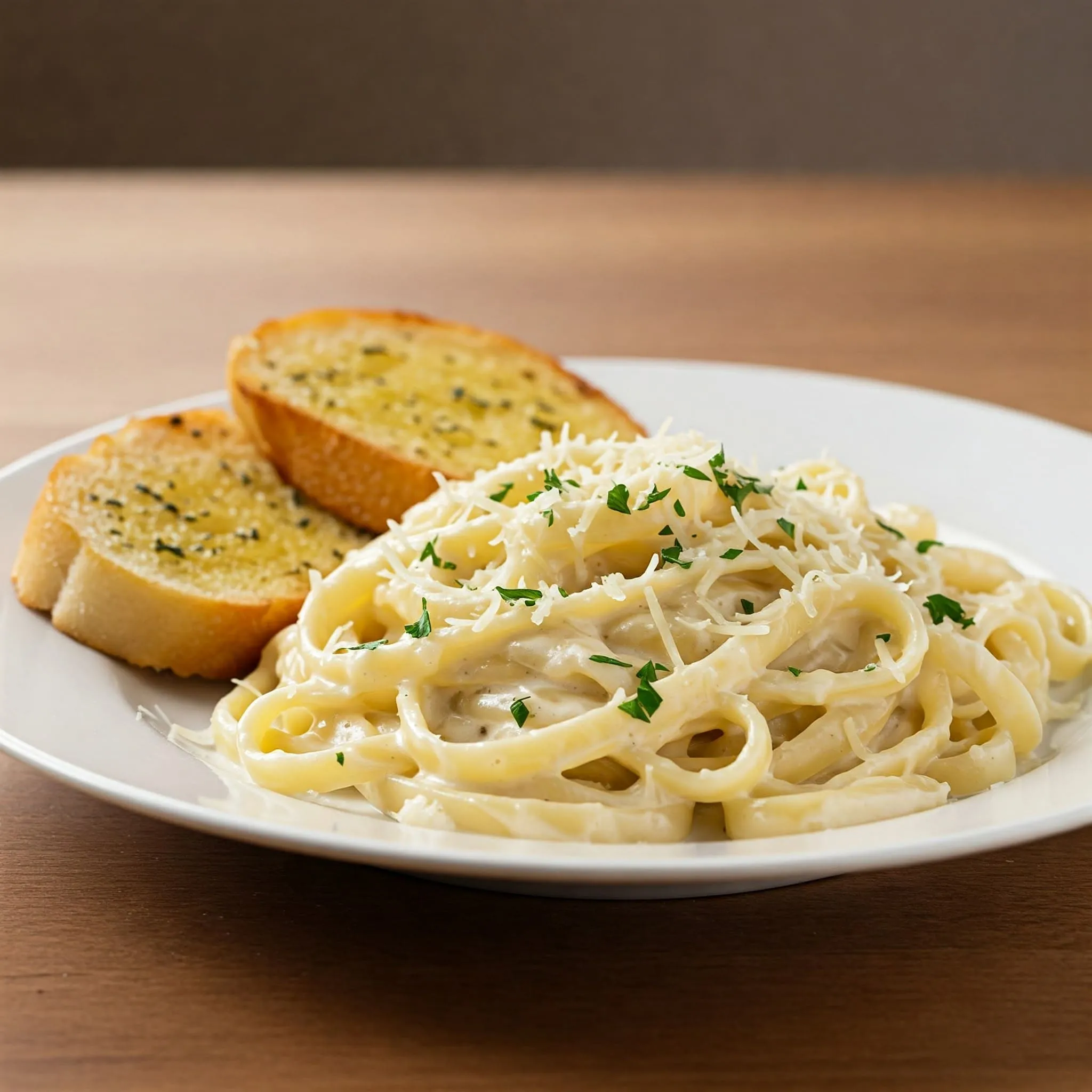 Creamy Fettuccine Alfredo with Parmesan cheese and parsley garnish on a rustic wooden table.