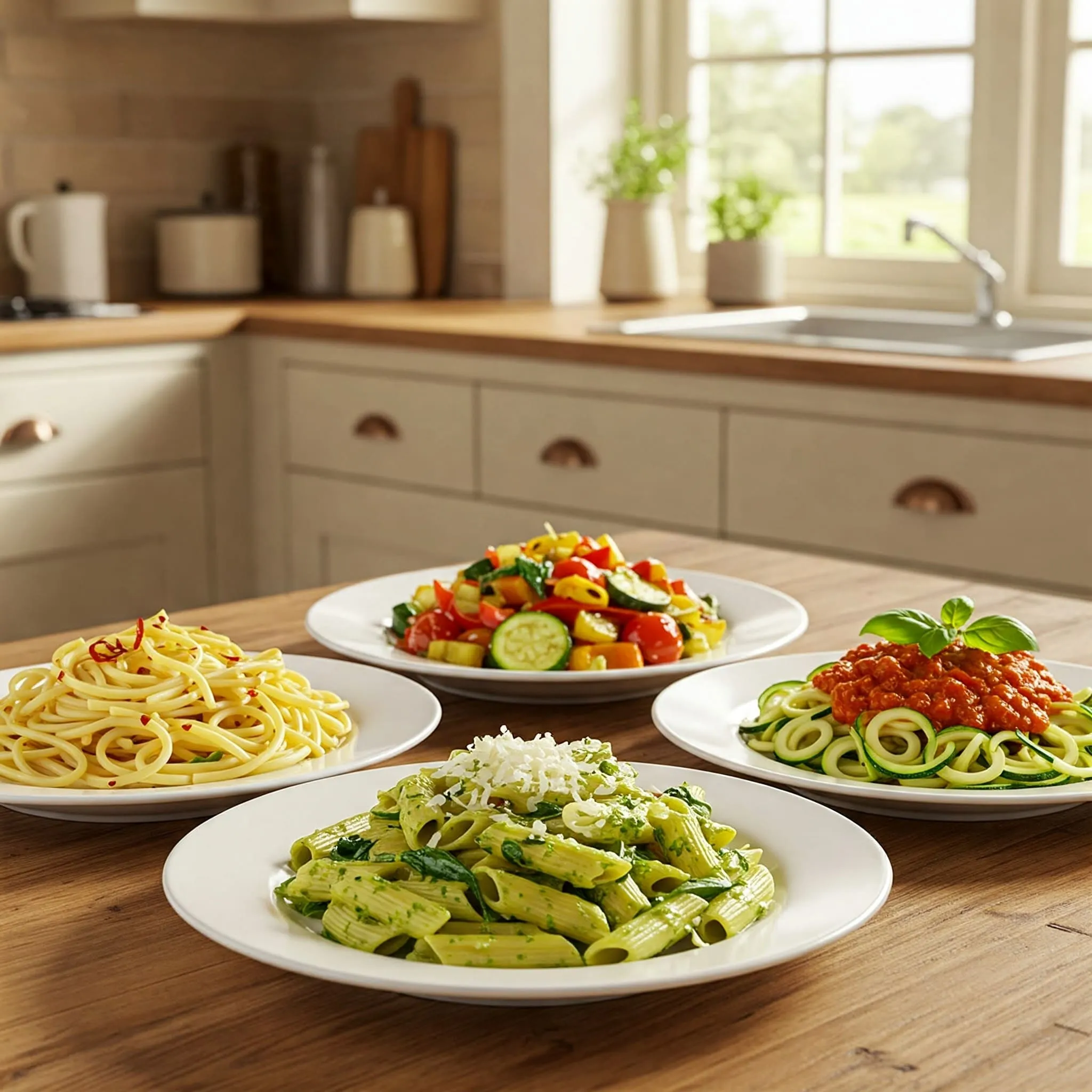 Delicious & Easy Vegetarian Pasta Dishes for a Quick Meal A variety of vegetarian pasta dishes, including Spaghetti Aglio e Olio, Penne Primavera, Pasta with Pesto, and Zucchini Noodles with Tomato Sauce, served on a rustic wooden table.