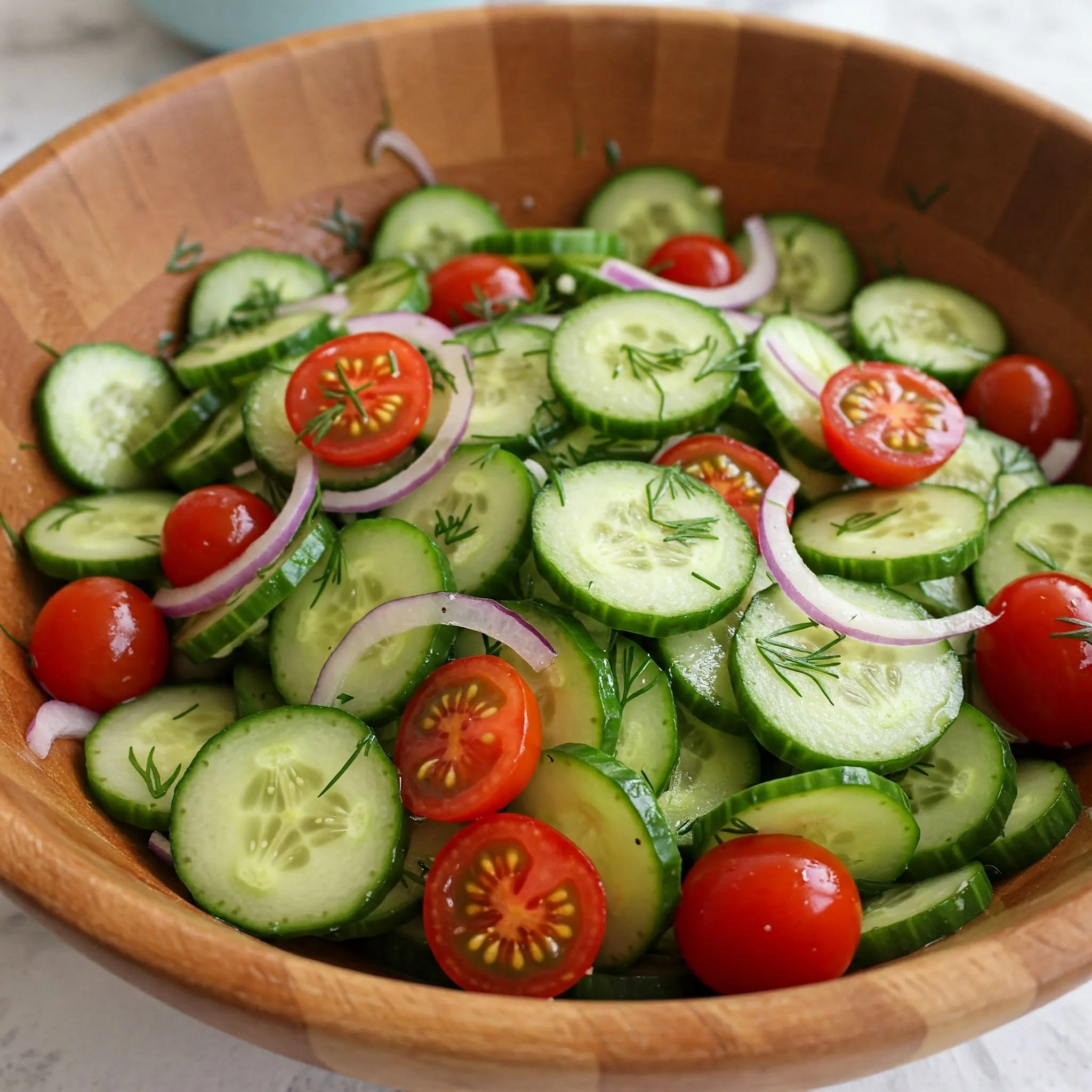 A fresh cucumber salad with sliced cucumbers, cherry tomatoes, red onions, and chopped dill, lightly dressed with olive oil and vinegar.