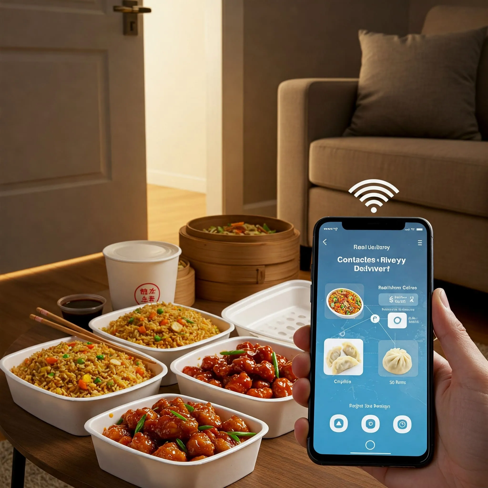 Cozy living room with a door open to reveal a variety of Chinese food takeout containers, including fried rice, orange chicken, and dumplings, with a smartphone displaying a food delivery app.