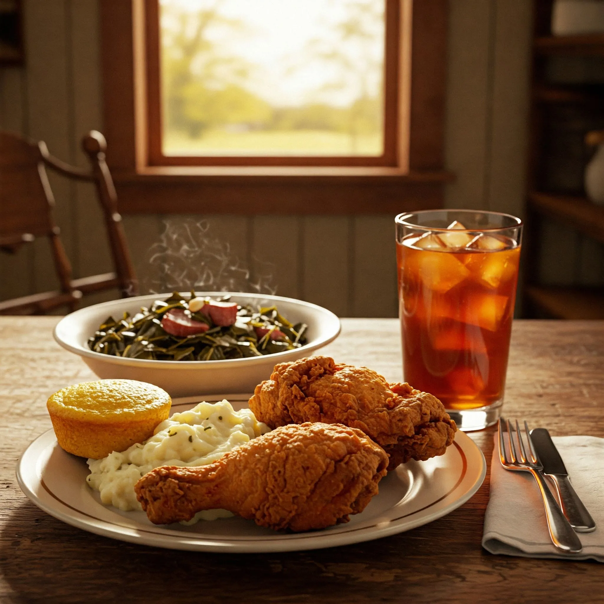 Southern soul food meal with fried chicken, collard greens, cornbread, mashed potatoes, and iced tea on a rustic wooden table.