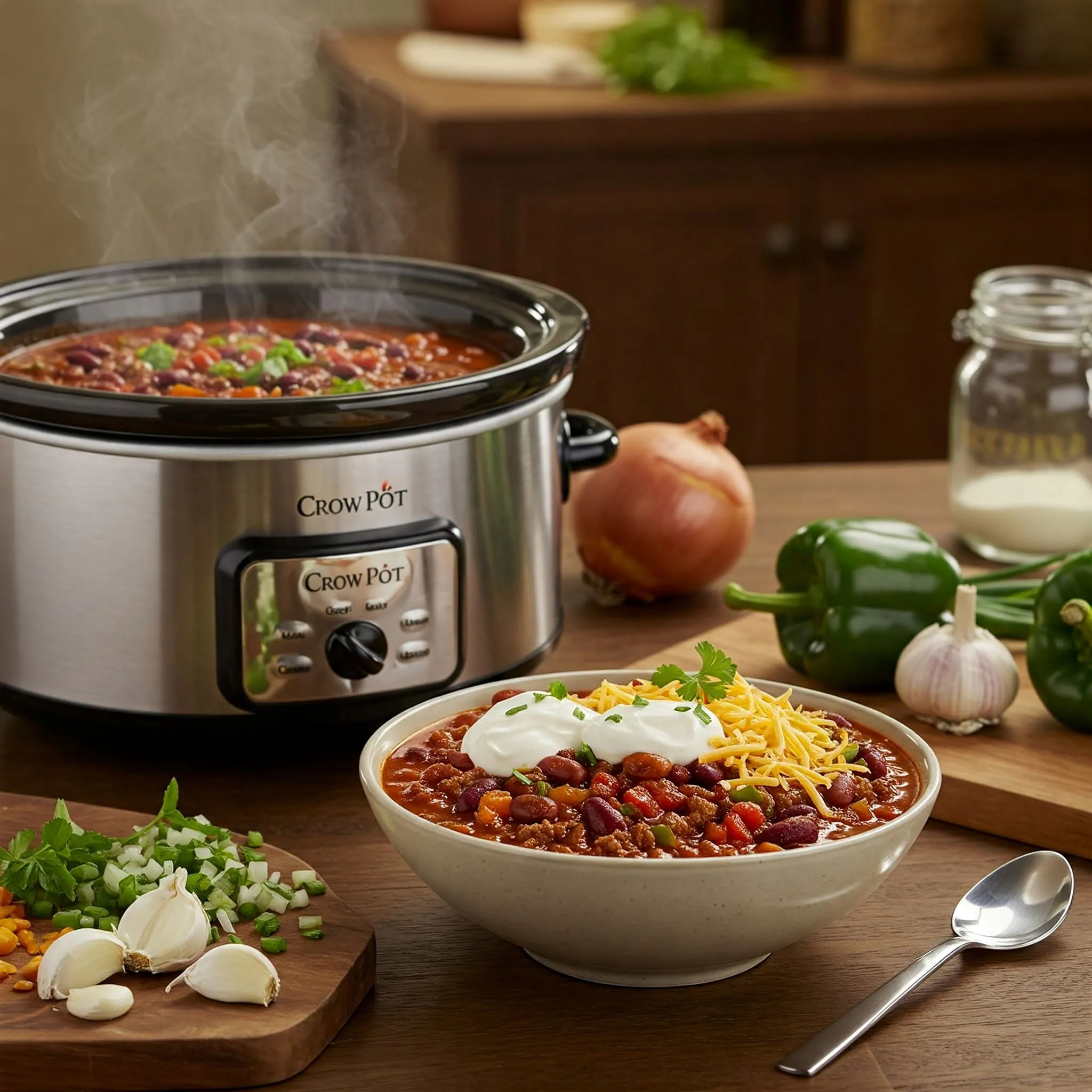 Cozy kitchen with a Crock Pot slow cooker filled with chili, topped with sour cream and cheese, surrounded by fresh ingredients.

