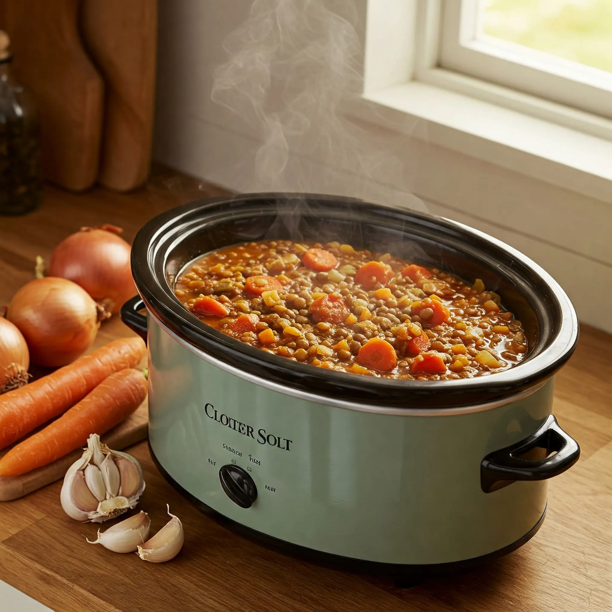 Slow cooker lentil stew with fresh vegetables.