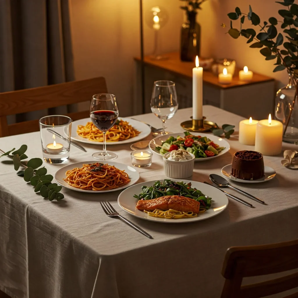 Romantic dinner setup for two at home with elegant table setting, delicious dishes, and soft candlelight.