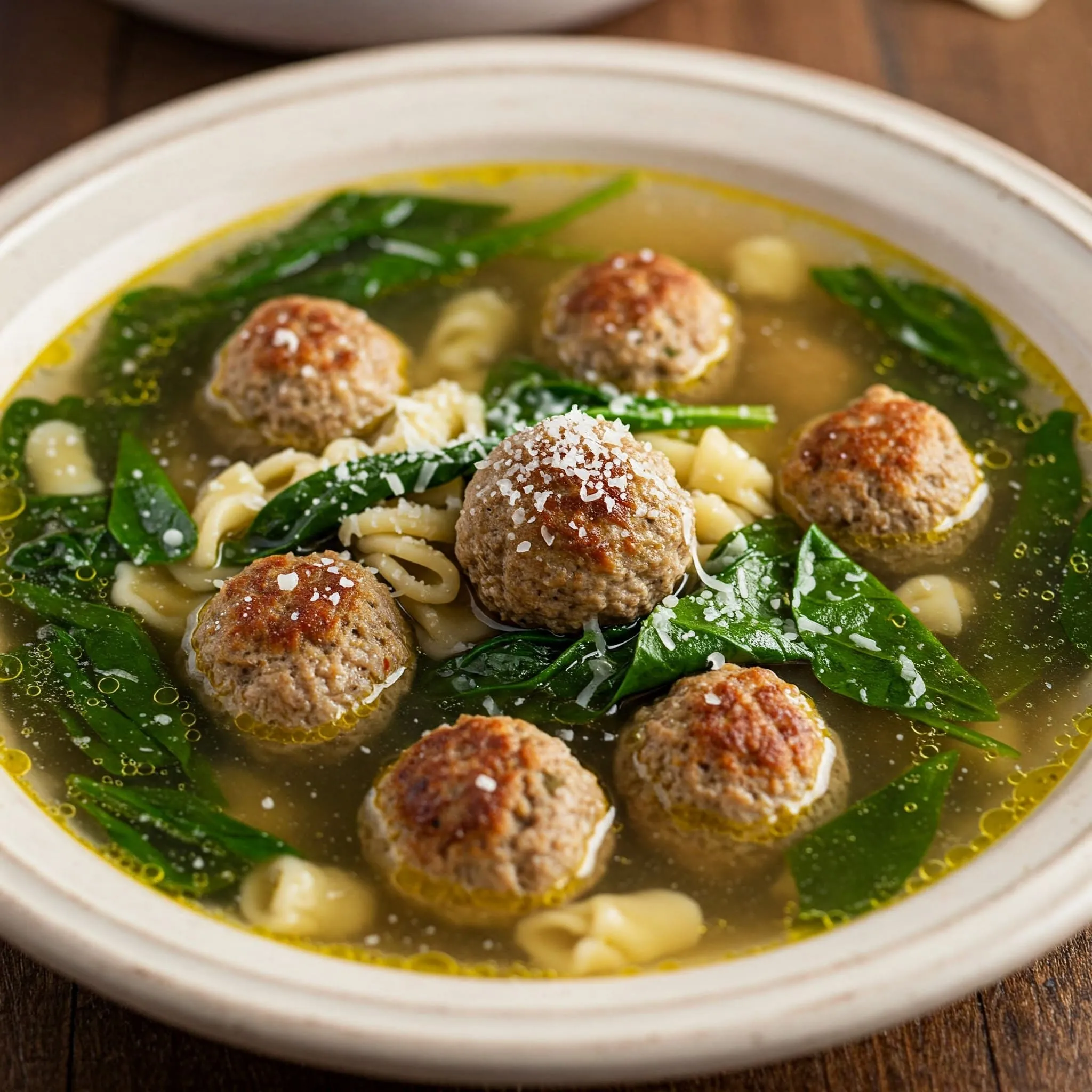 A steaming bowl of Italian Wedding Soup with tender meatballs, fresh spinach, and small pasta in a rich, flavorful broth.