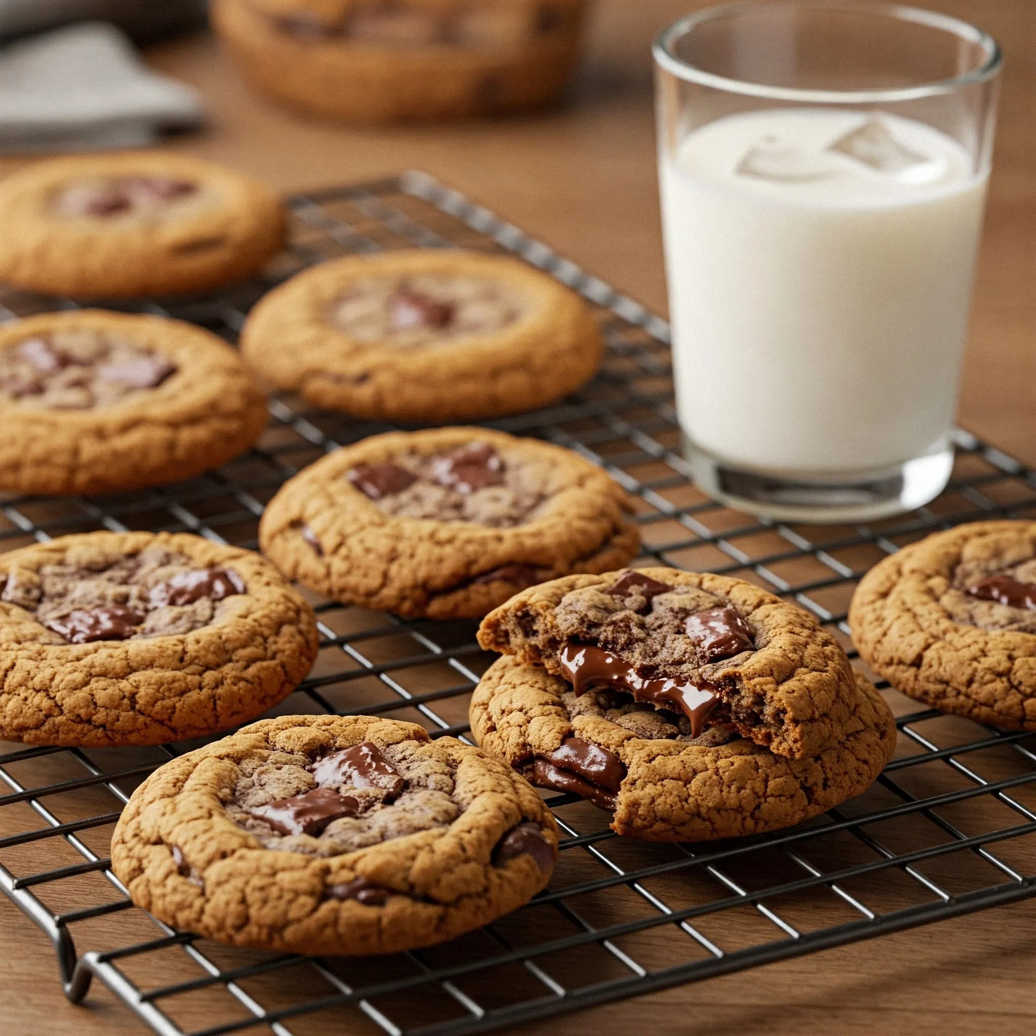 Fresh chocolate chip cookies with milk on the side.