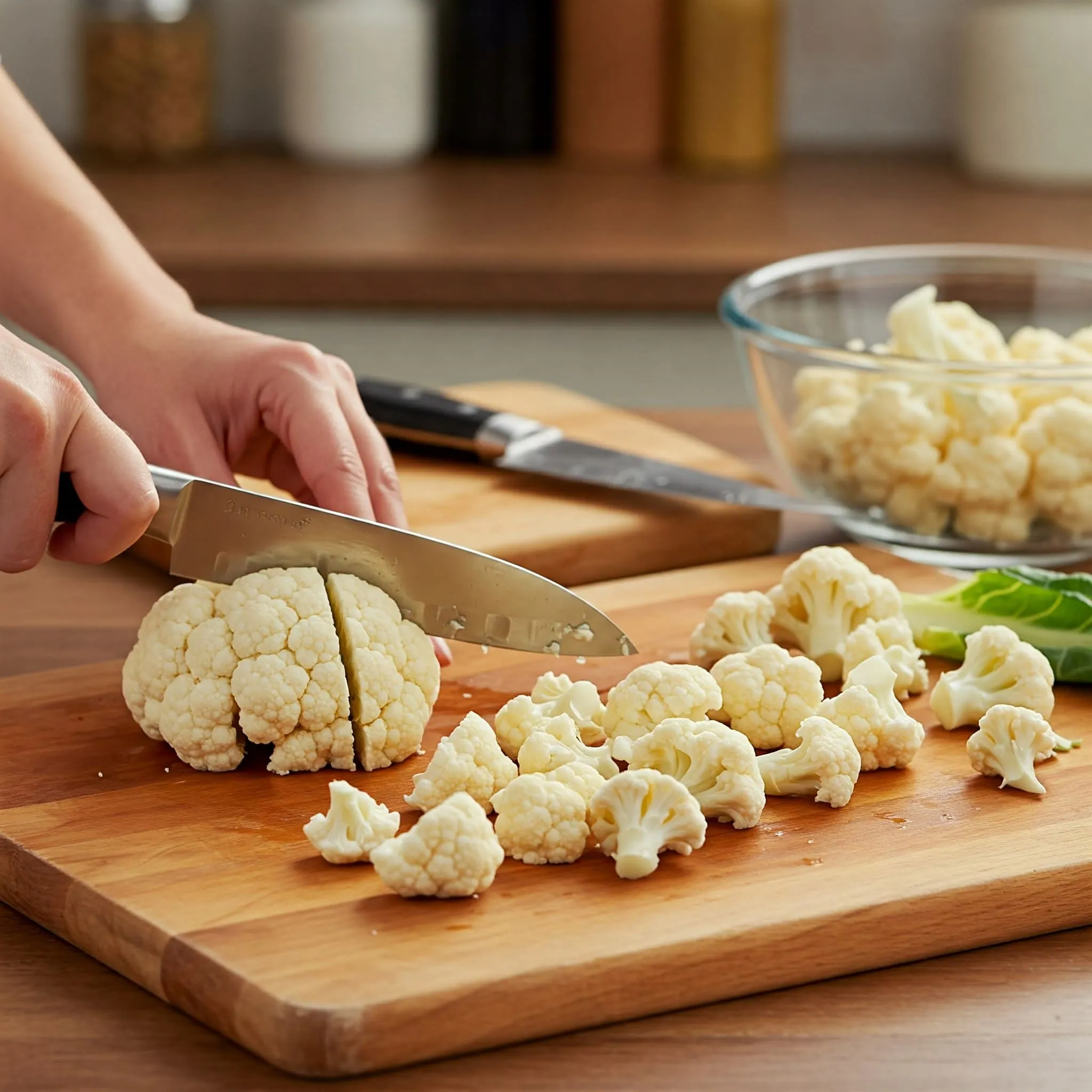 Fresh cauliflower being cut into bite-sized florets on a wooden cutting board with a sharp knife.