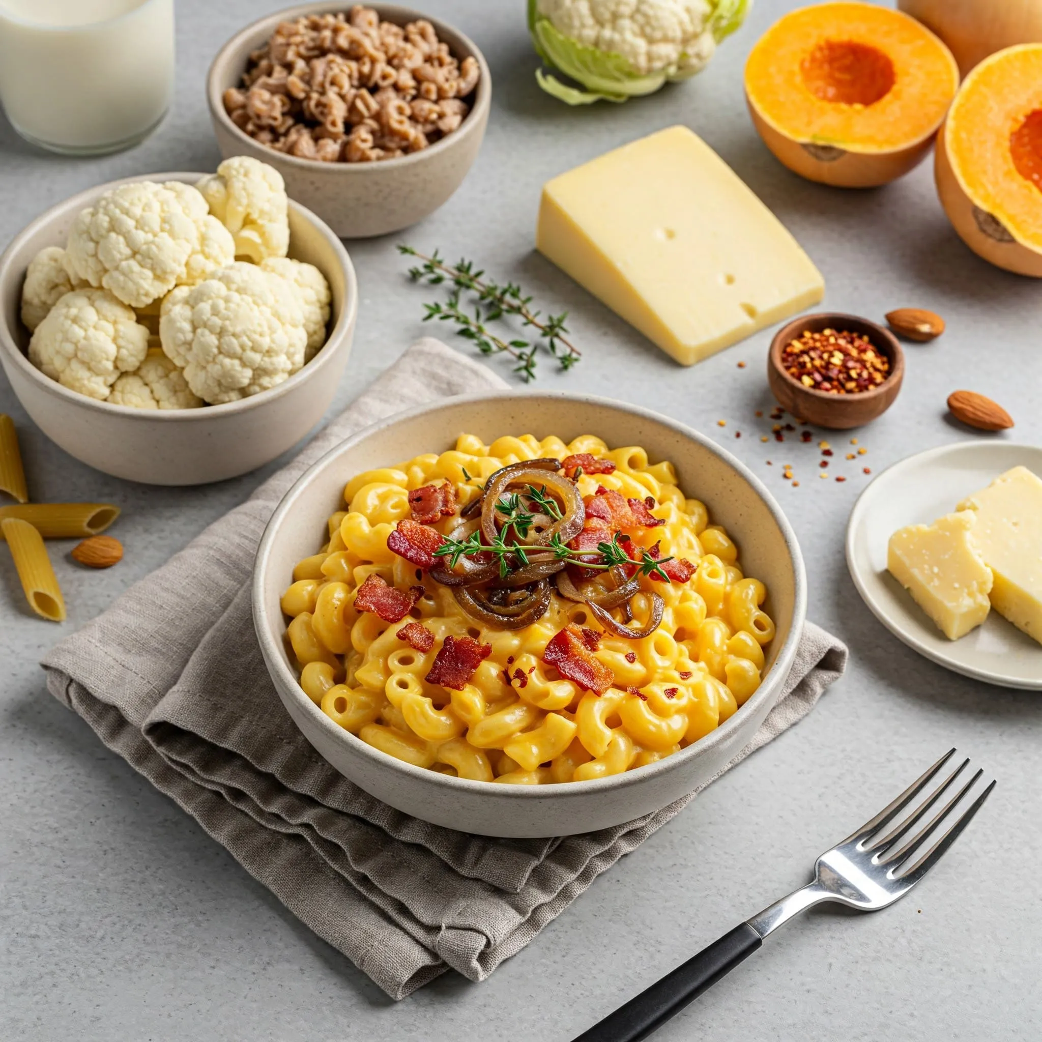 Customizable mac and cheese with bacon, caramelized onions, fresh thyme, and vegan alternatives like plant-based cheese and almond milk.

