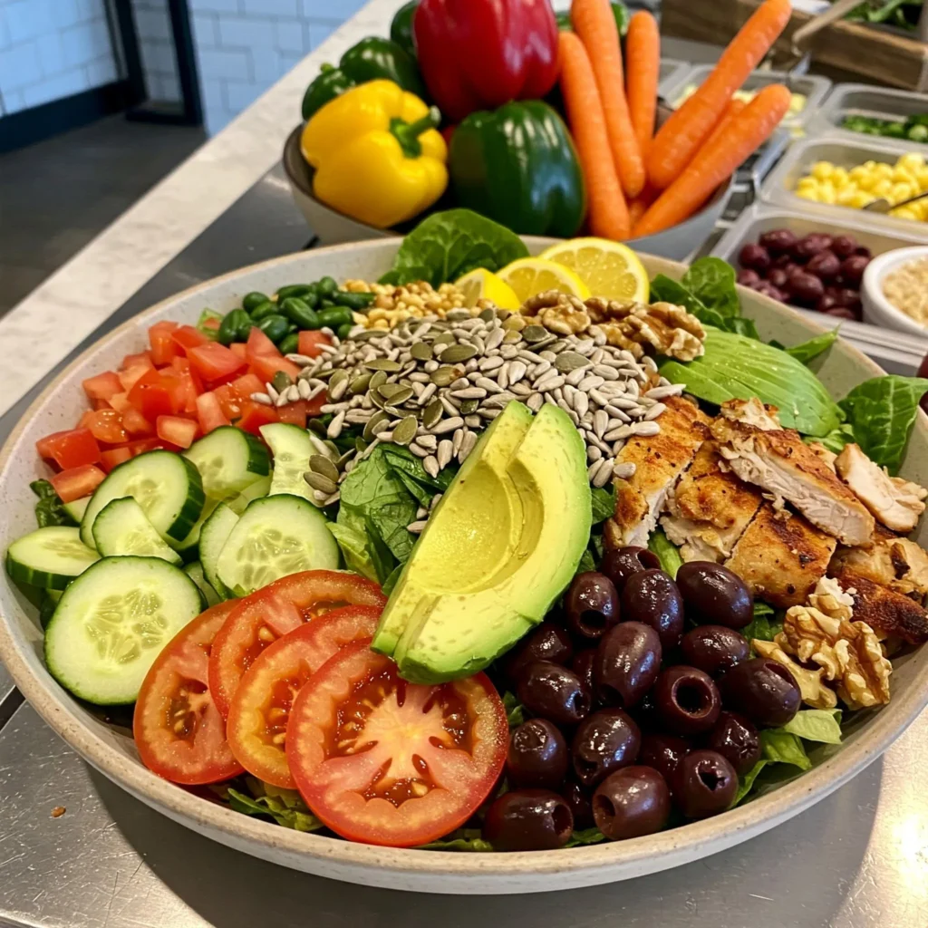 Fresh, vibrant salad bar with colorful ingredients like lettuce, tomatoes, cucumbers, avocado, and roasted chicken, in a modern, lively setting.