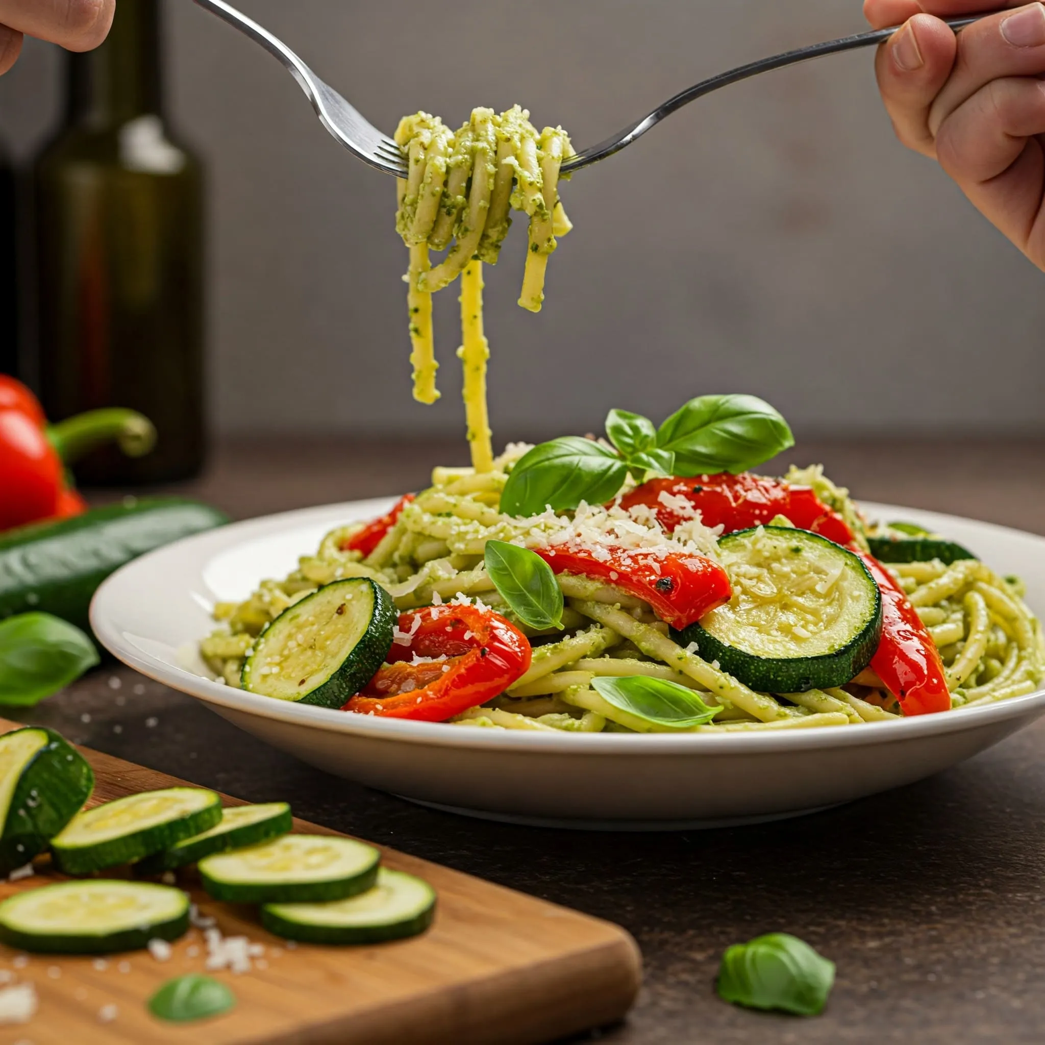 Vegetarian pasta with roasted vegetables and pesto sauce.