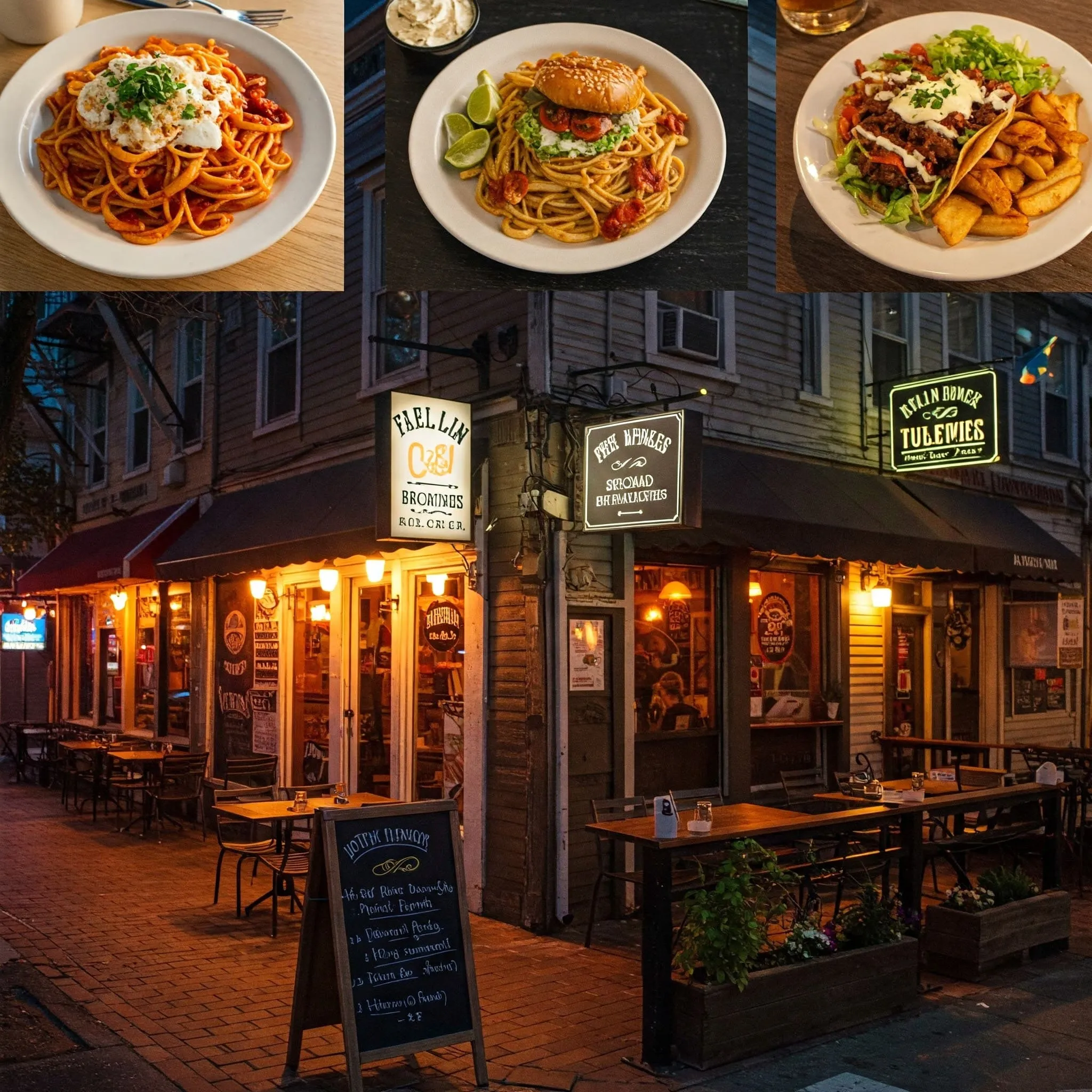 dinner close to me Cozy local restaurants with outdoor seating offering a variety of cuisines, creating a lively yet relaxed dinner atmosphere.