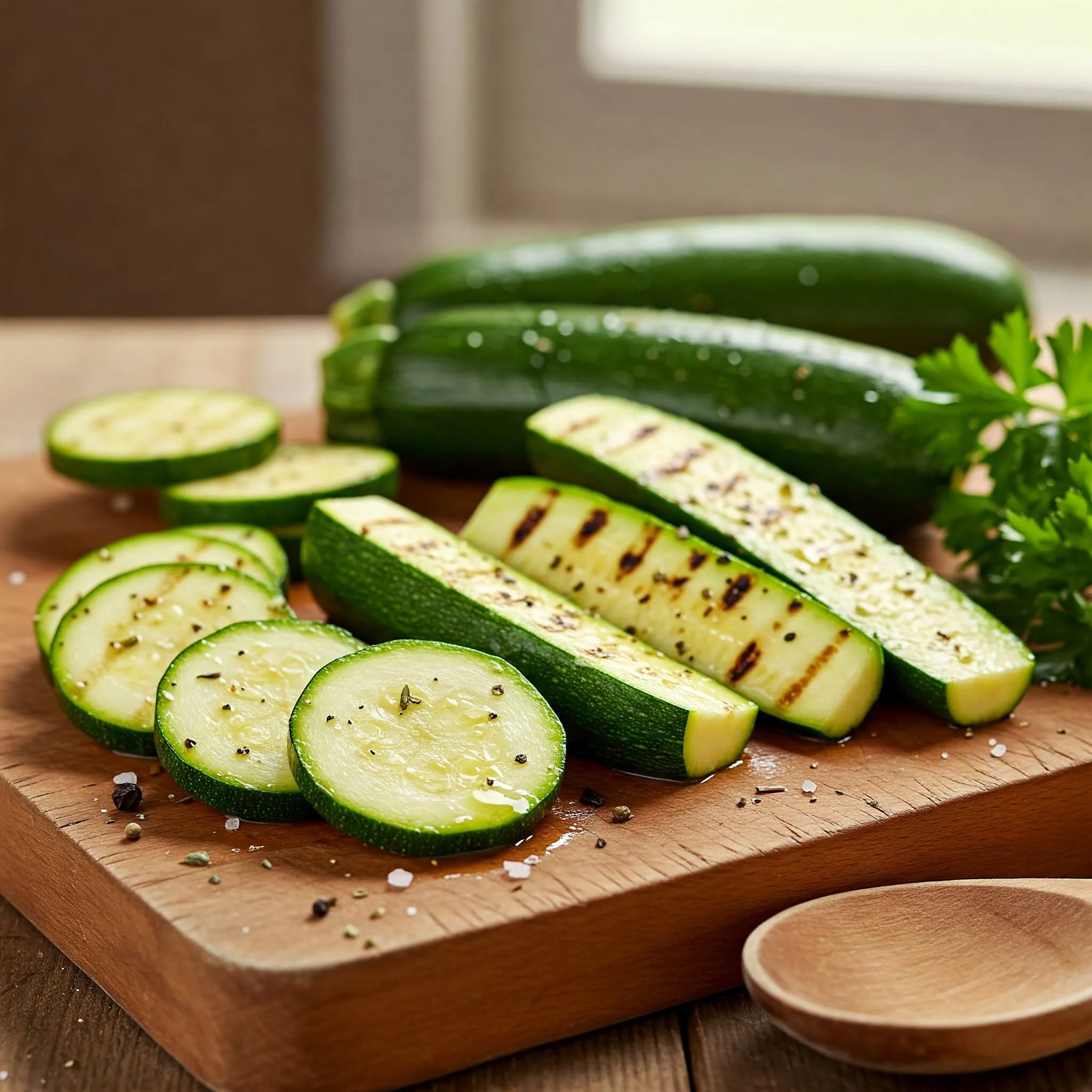 Sliced zucchini on a cutting board with olive oil and seasonings.