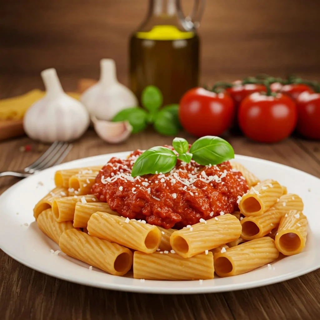 Plate of rigatoni pasta with chunky tomato sauce, basil, and Parmesan, set on a rustic wooden table in a cozy kitchen.