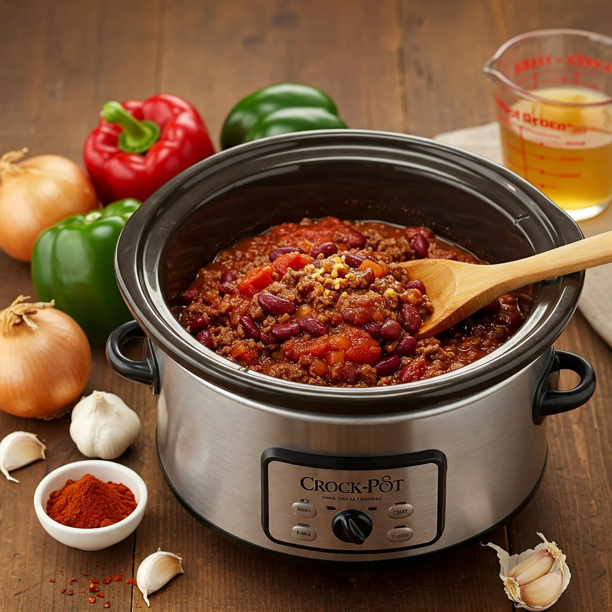 A Crock Pot filled with chili ingredients, including browned meat, kidney beans, crushed tomatoes, diced onions, minced garlic, and bell peppers, ready to cook.