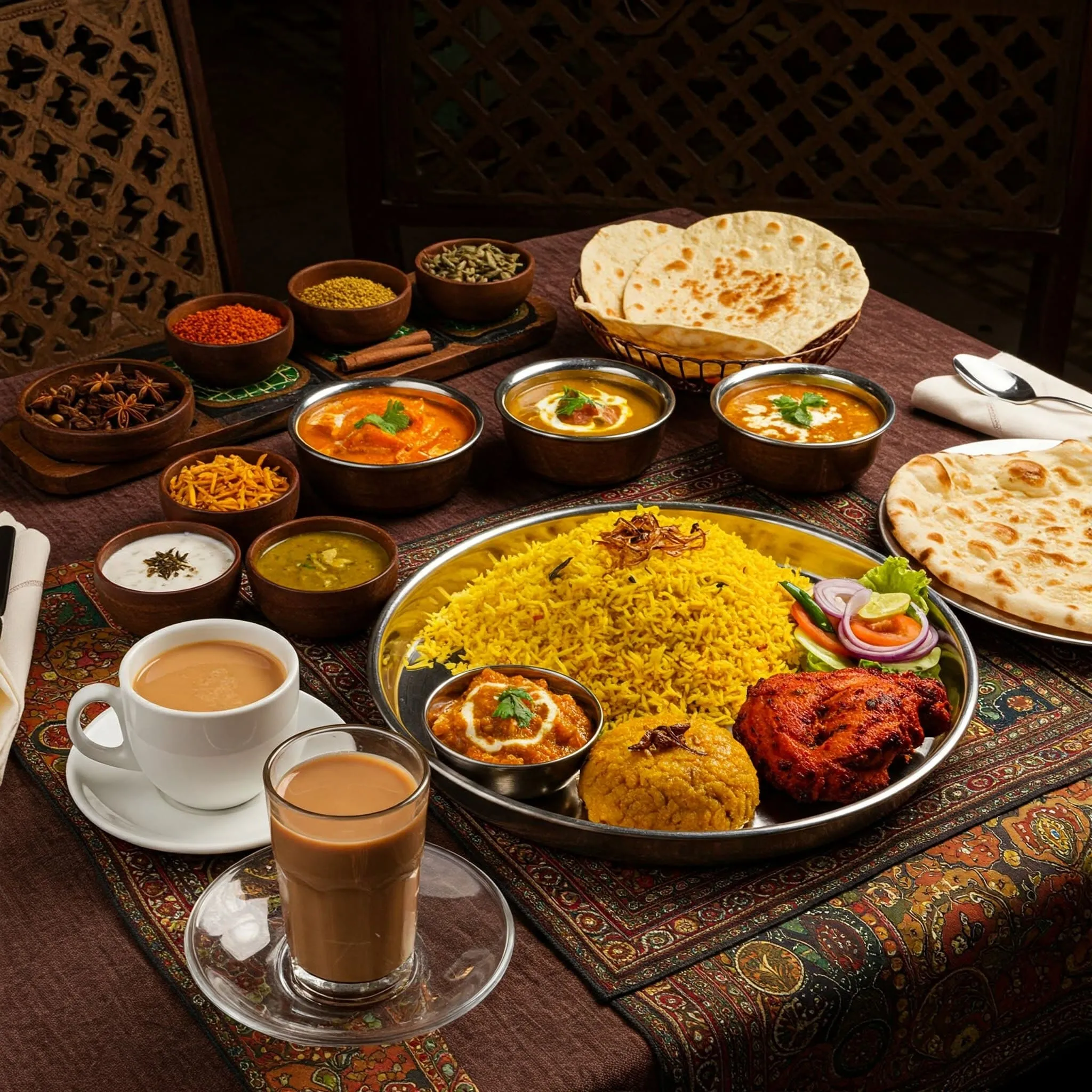 A table set with authentic Indian dishes, including a thali with Biryani, Palak Paneer, Tandoori Chicken, and Naan, surrounded by small bowls of accompaniments and spices.