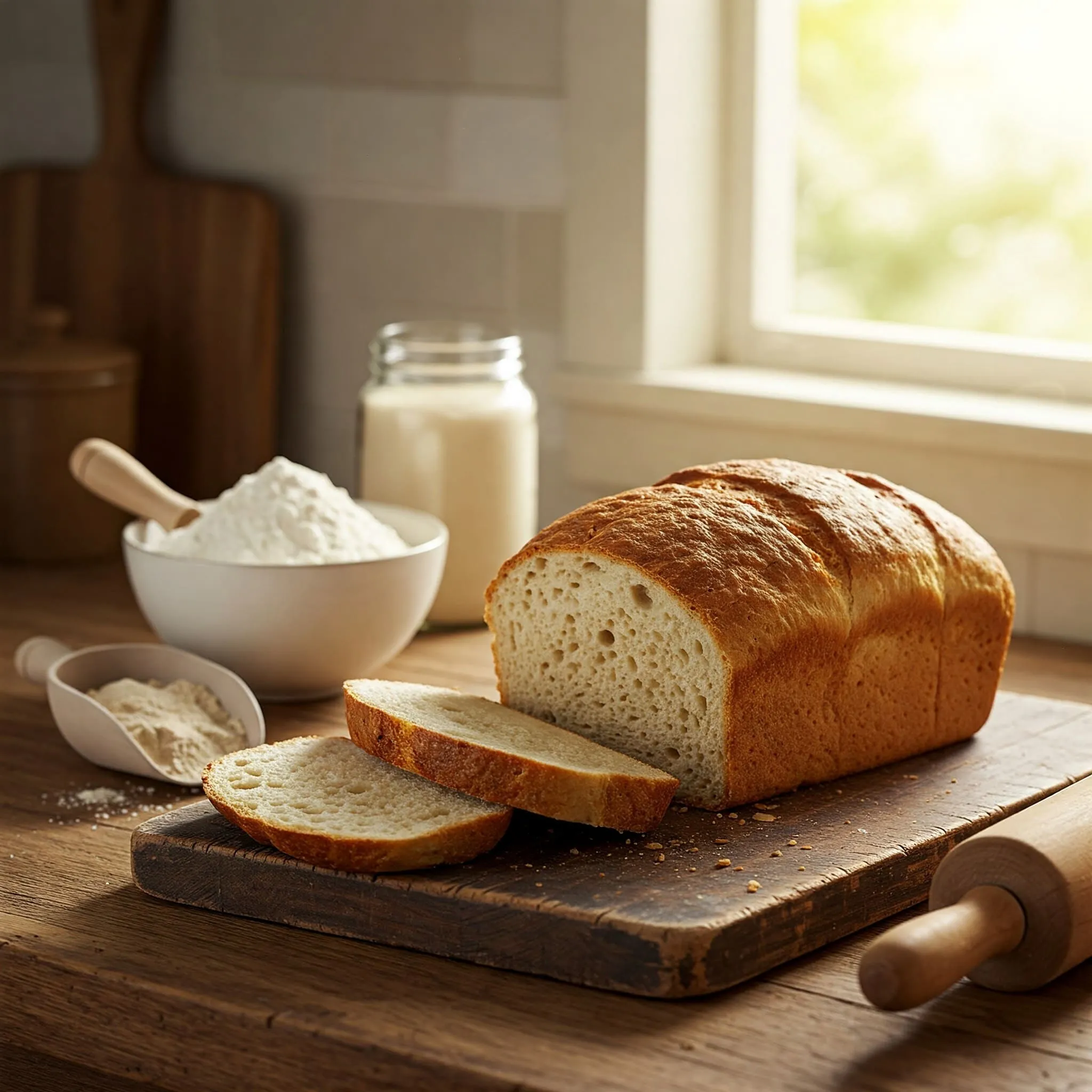 Homemade bread loaf on a wooden cutting board, surrounded by ingredients like flour and yeast in a cozy kitchen setting, perfect for beginners.