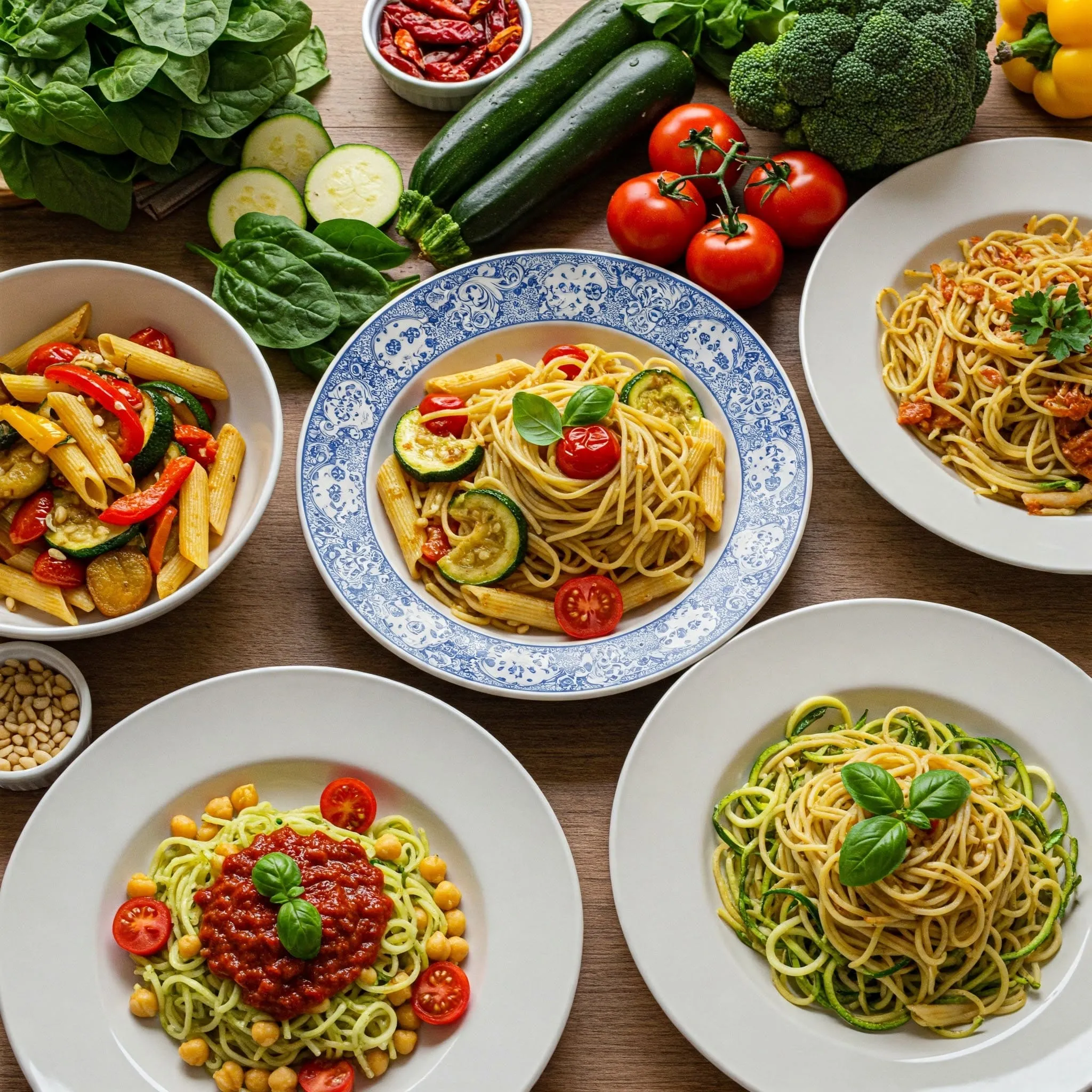 Healthy & Delicious Vegetarian Pasta Dishes A variety of colorful vegetarian pasta dishes served on a rustic wooden table, featuring fresh vegetables, pesto, and tomato sauce.