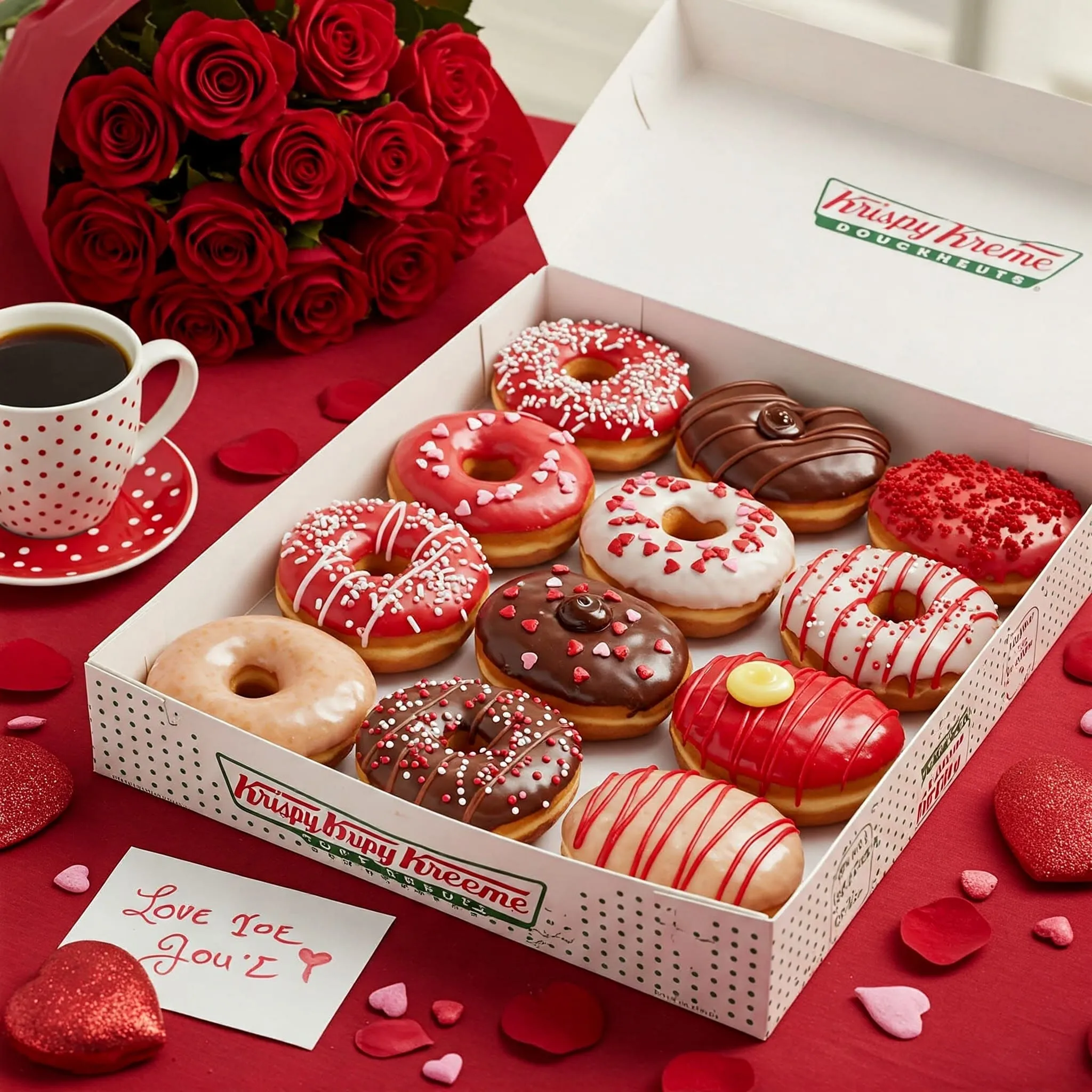 A box of heart-shaped Krispy Kreme Valentine Donuts with glossy icing, festive sprinkles, and chocolate drizzle, surrounded by roses and a love note.