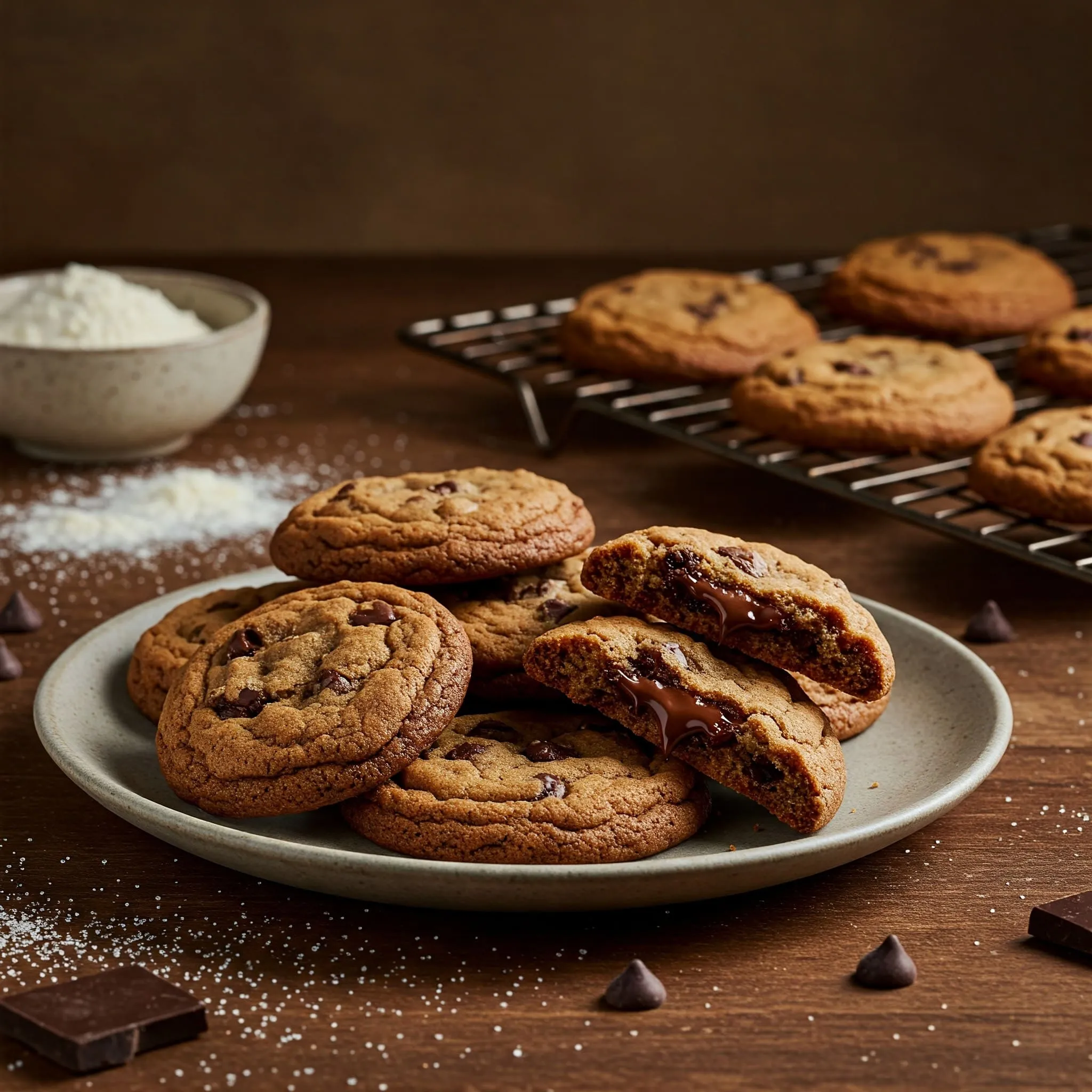 Plate of homemade chocolate chip cookies with soft, chewy centers and crispy edges, with gooey chocolate inside, placed on a rustic wooden table.