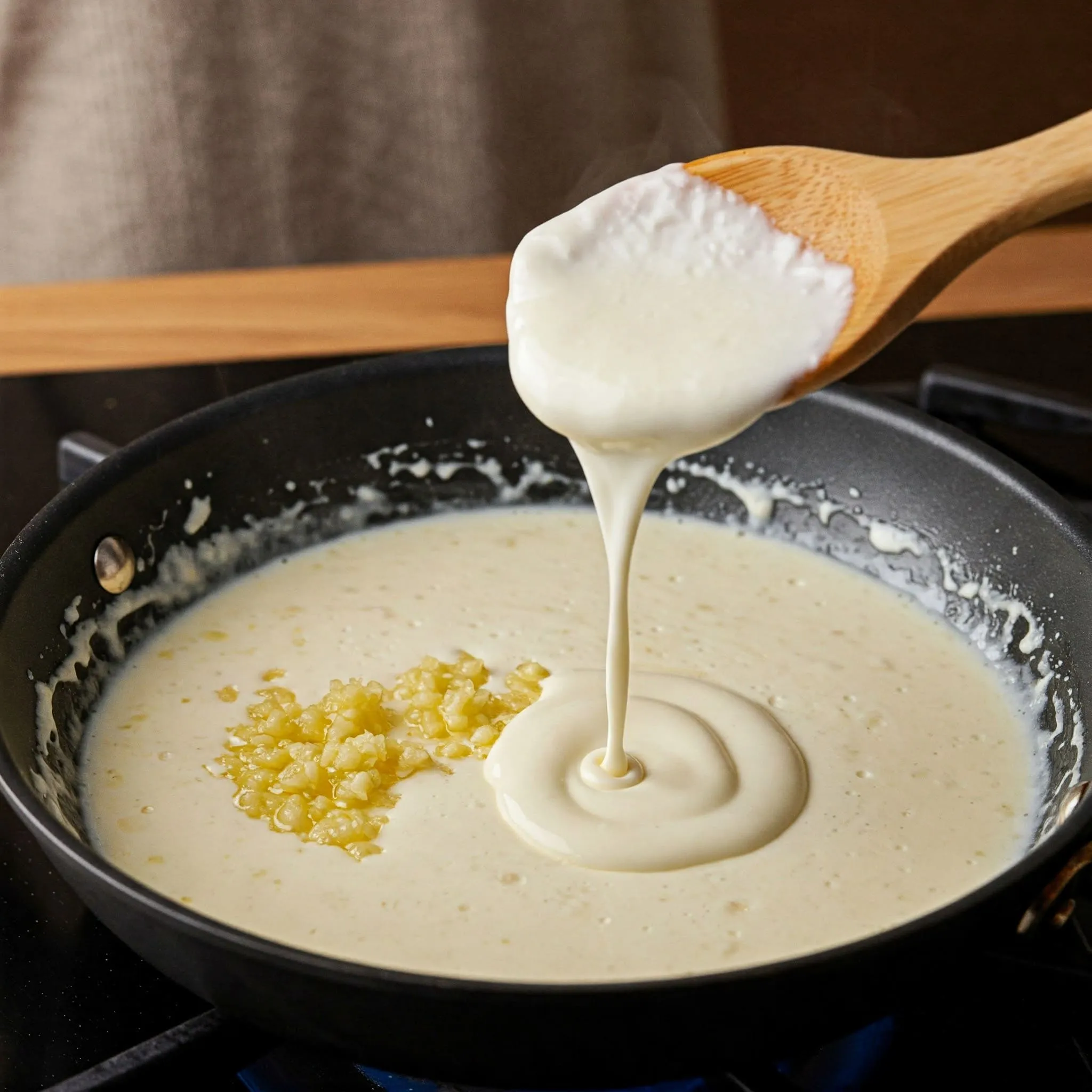 A creamy Alfredo sauce being prepared in a skillet, with garlic sizzling and parmesan cheese being added to thicken the sauce.