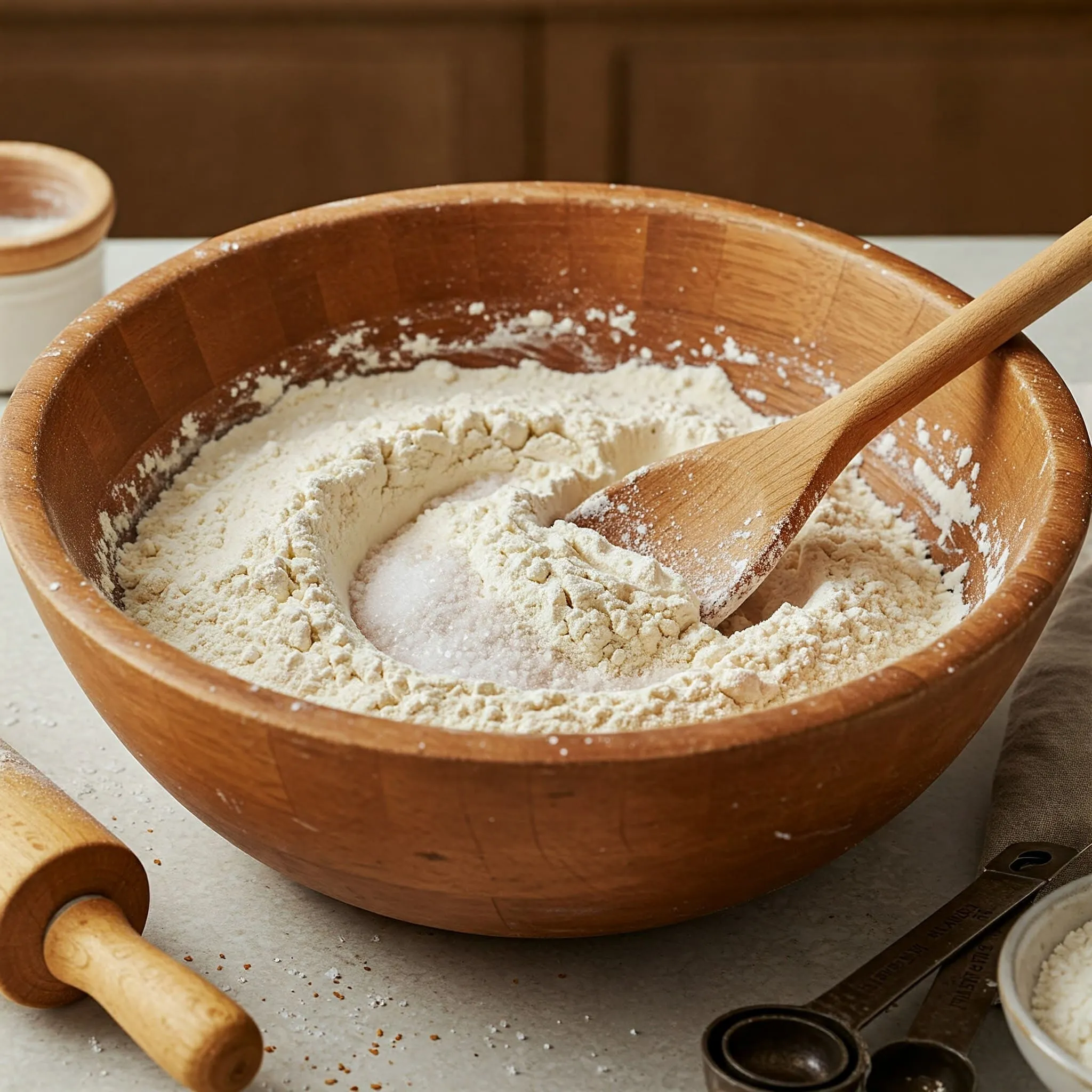 A rustic wooden bowl with flour and salt, being mixed with a wooden spoon, ready for bread-making.