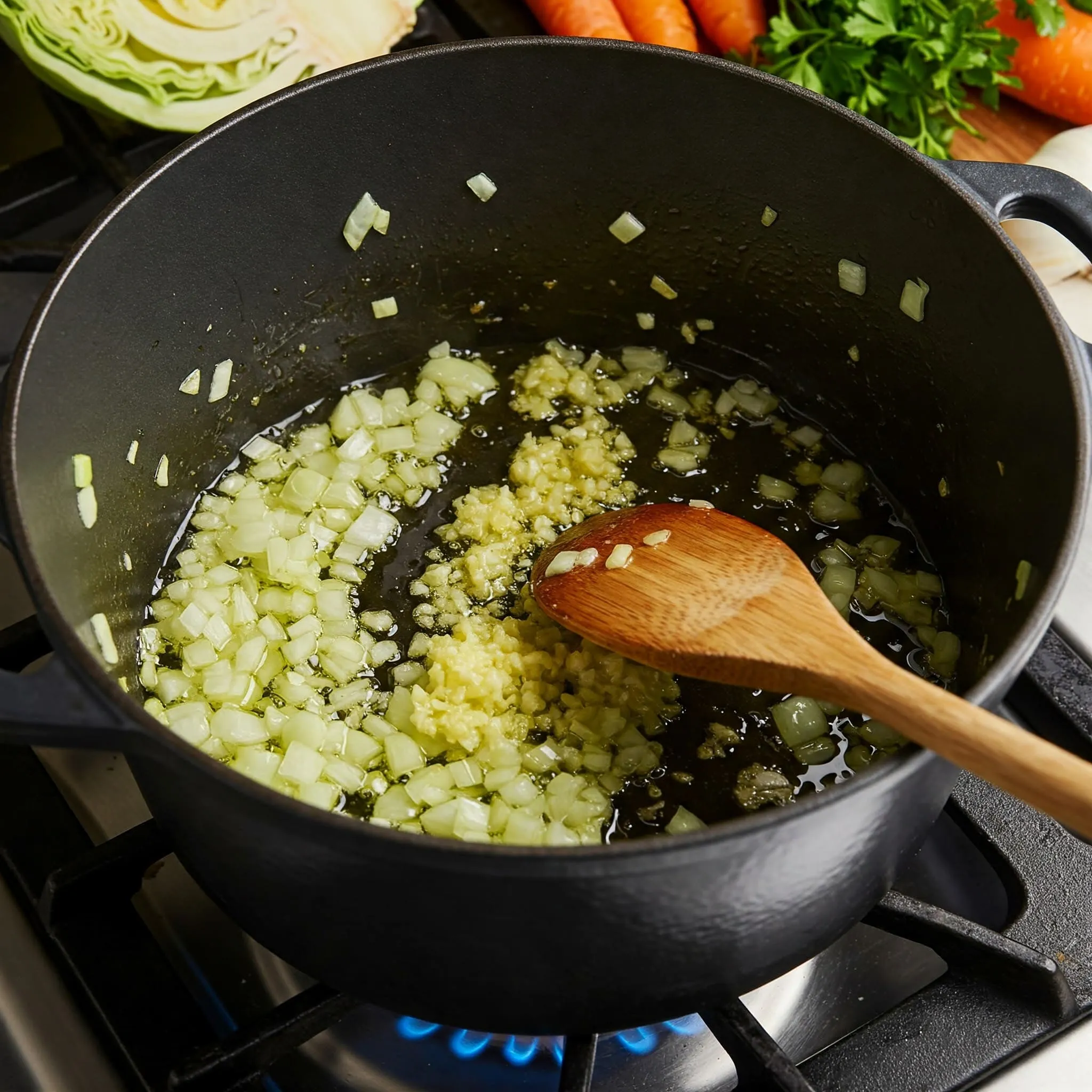 A large pot with sautéing onions and garlic in olive oil, with fresh vegetables like cabbage and carrots nearby.