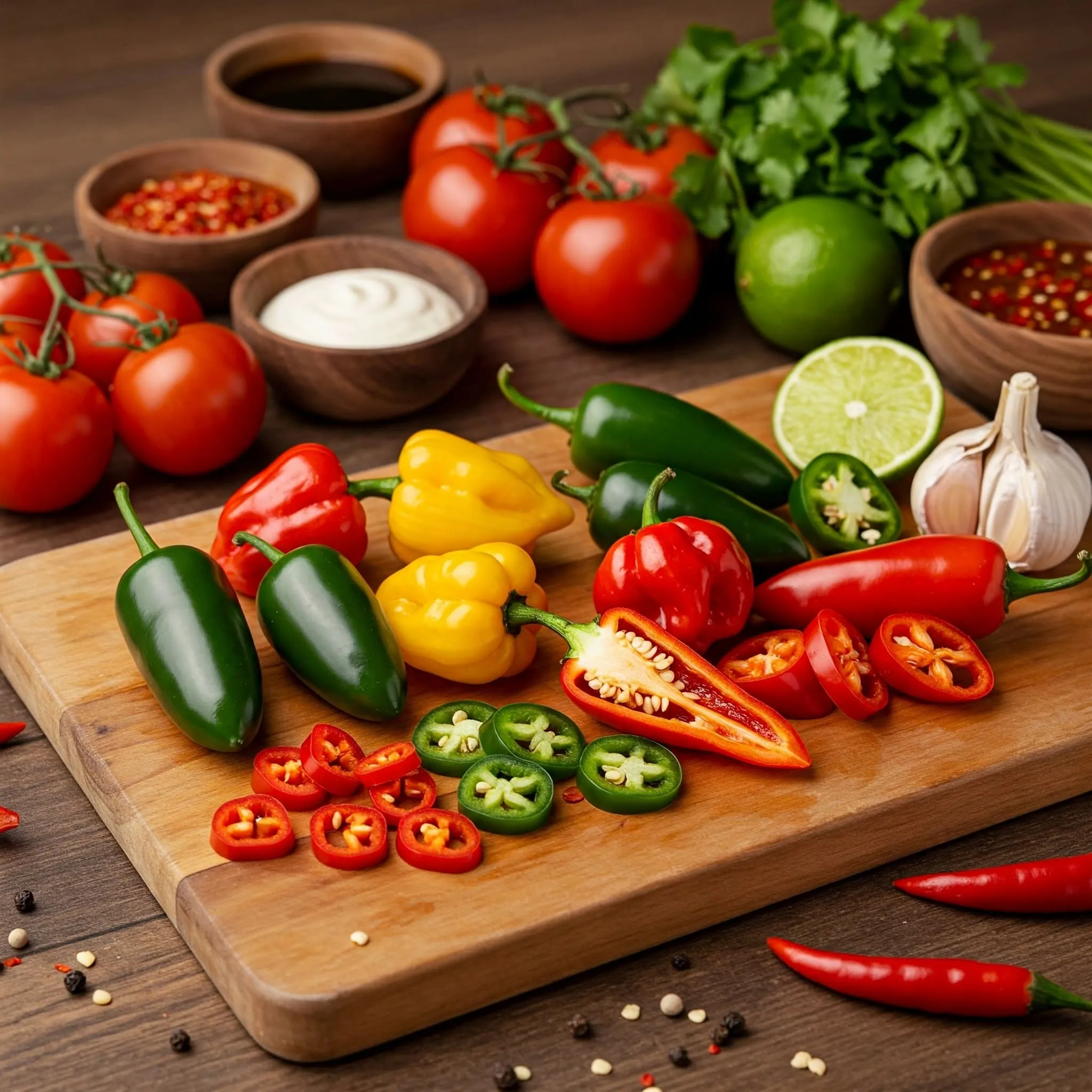 A variety of chili peppers including Jalapeños, Habaneros, Cayenne, Ghost Peppers, and Thai Bird's Eye arranged on a wooden cutting board, with sliced peppers revealing their seeds and vibrant colors.