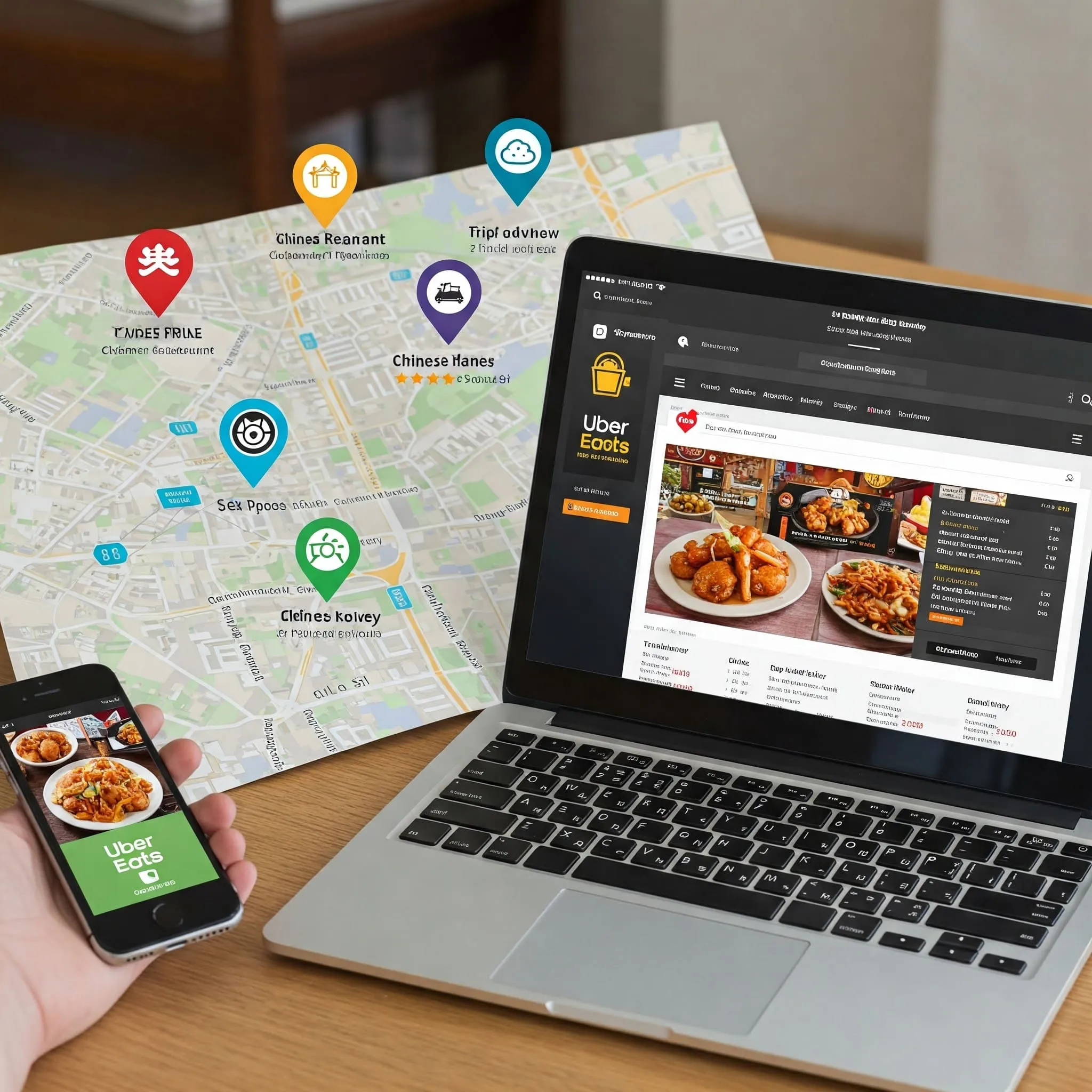 A smartphone screen showing Google Maps with nearby Chinese restaurants and Yelp/TripAdvisor reviews, with food delivery service icons for Uber Eats, DoorDash, and Grubhub.