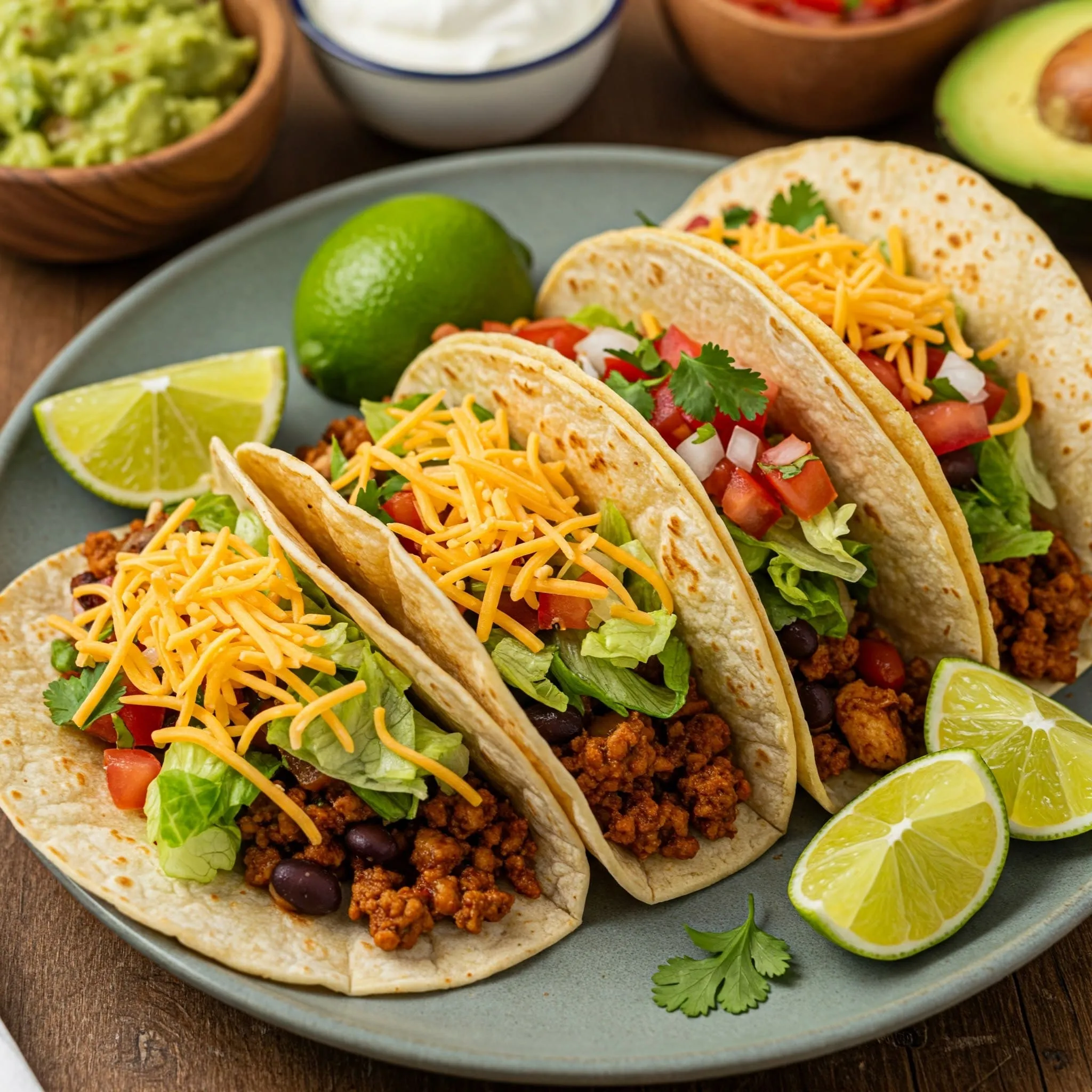  delicious plate of tacos filled with ground beef, chicken, or vegetarian options, topped with lettuce, cheese, salsa, and cilantro, with extra toppings on the side.