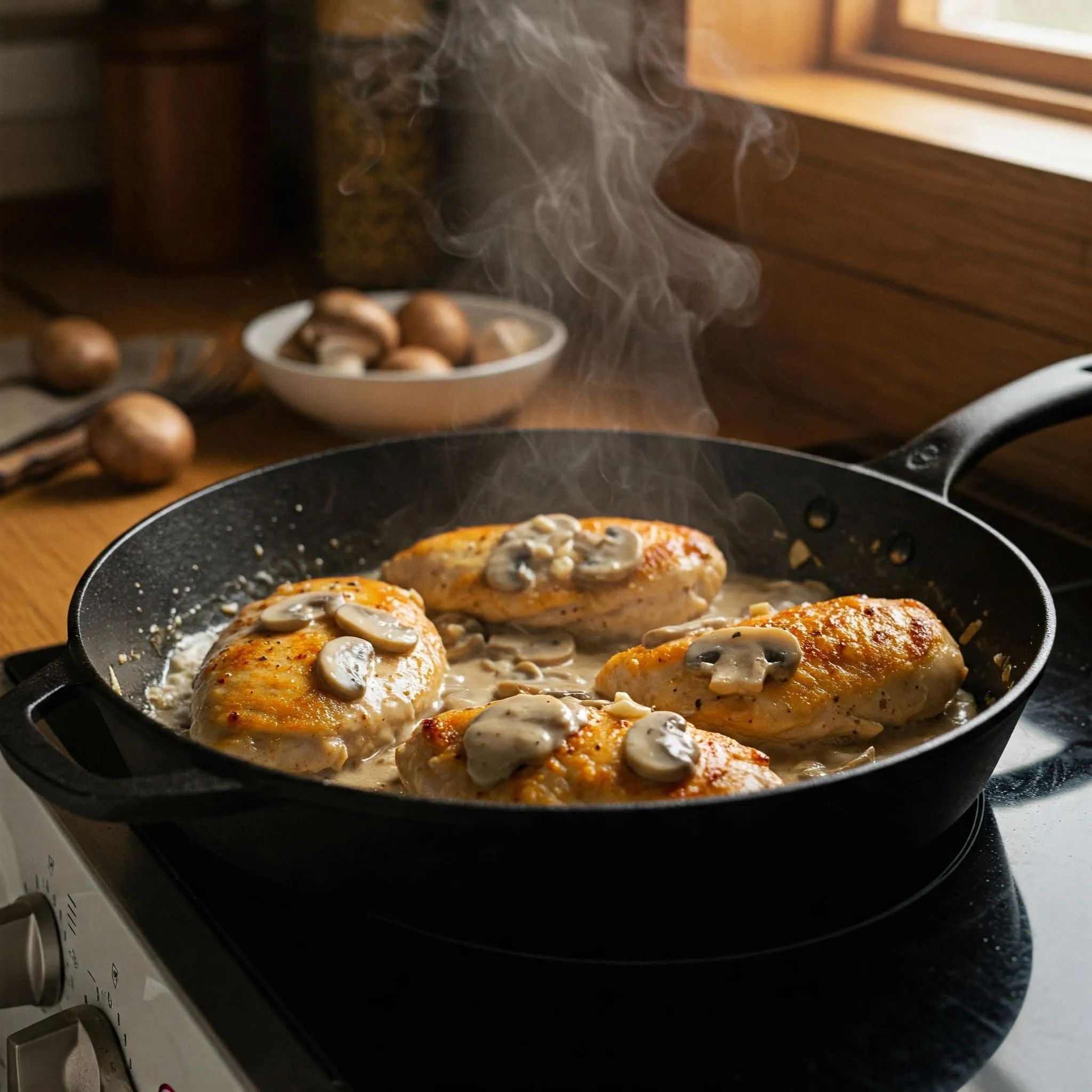 Cooked chicken breasts coated in a creamy mushroom sauce simmering in a pan on the stove.