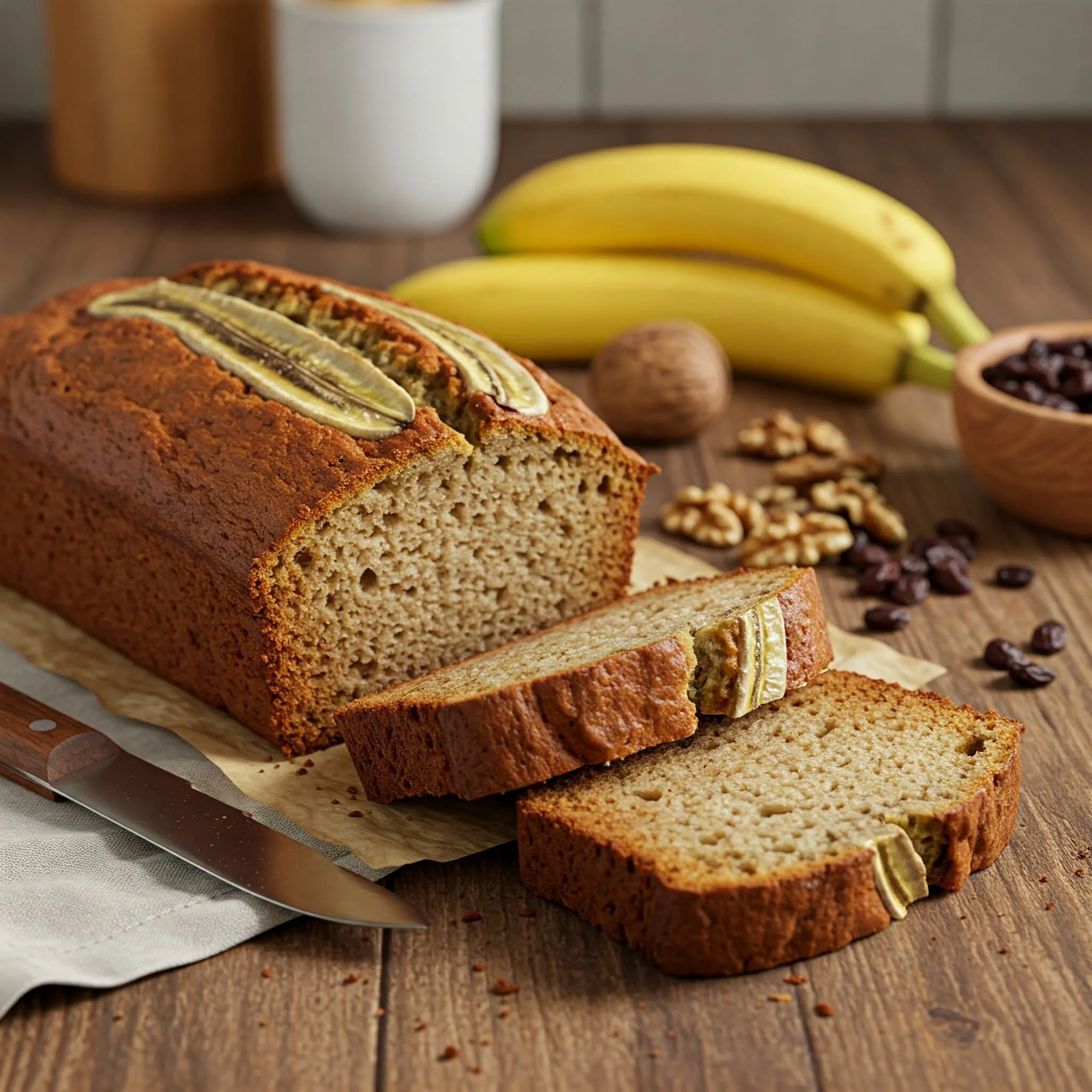 Freshly baked banana bread with slices on a wooden countertop, surrounded by ripe bananas, chocolate chips, and nuts.