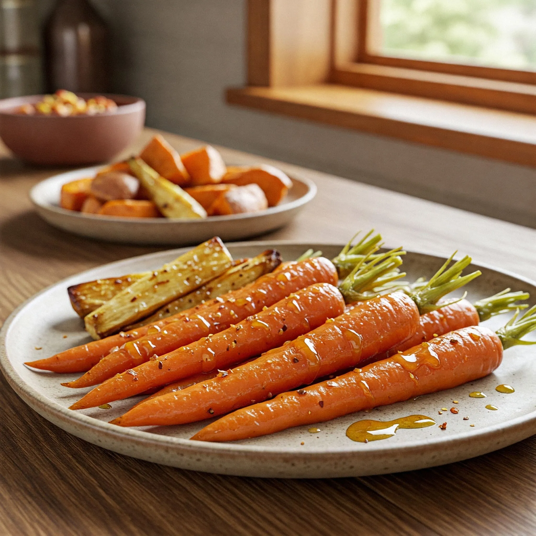 Maple glazed carrots with honey and balsamic vinegar, sprinkled with cinnamon and chili flakes, served with roasted sweet potatoes and parsnips.